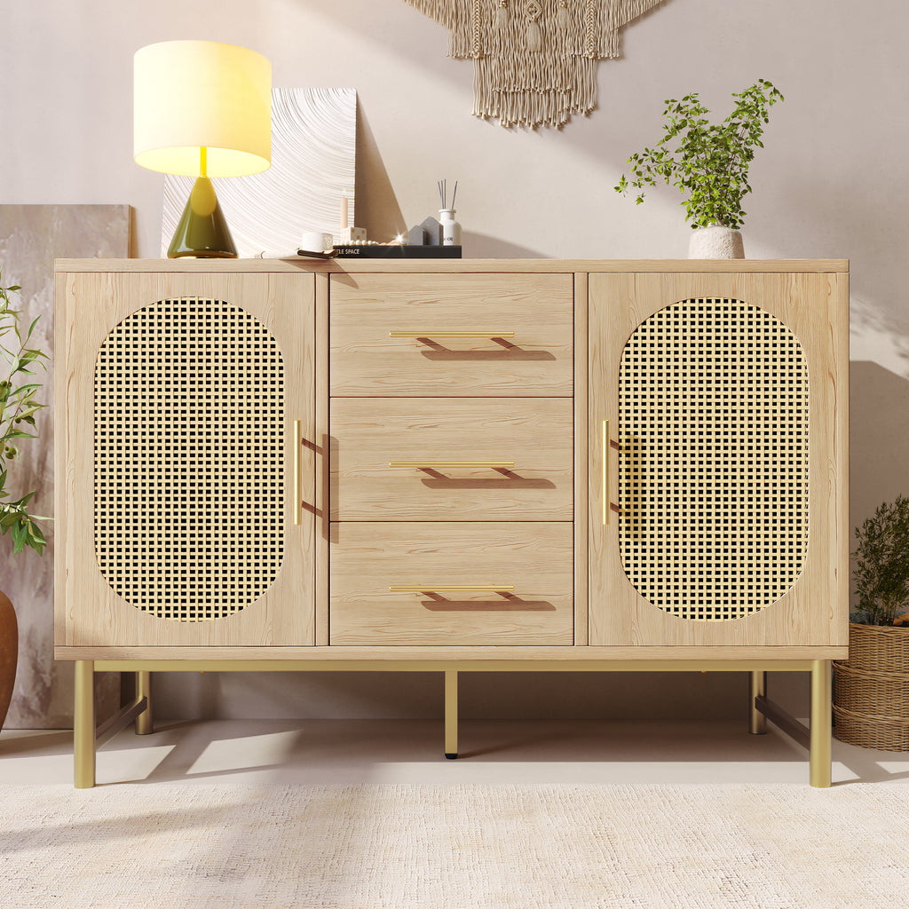 (=TT20604041A) Rattan Sideboard Storage Cabinet  with 2 Doors 3 Drawers, Storage Cabinet for Living Room, Bedroom, and Hallway, Metal Handles, Adjustable Shelves, Anti-Tip, 120 x 40 x 74 cm, Oak