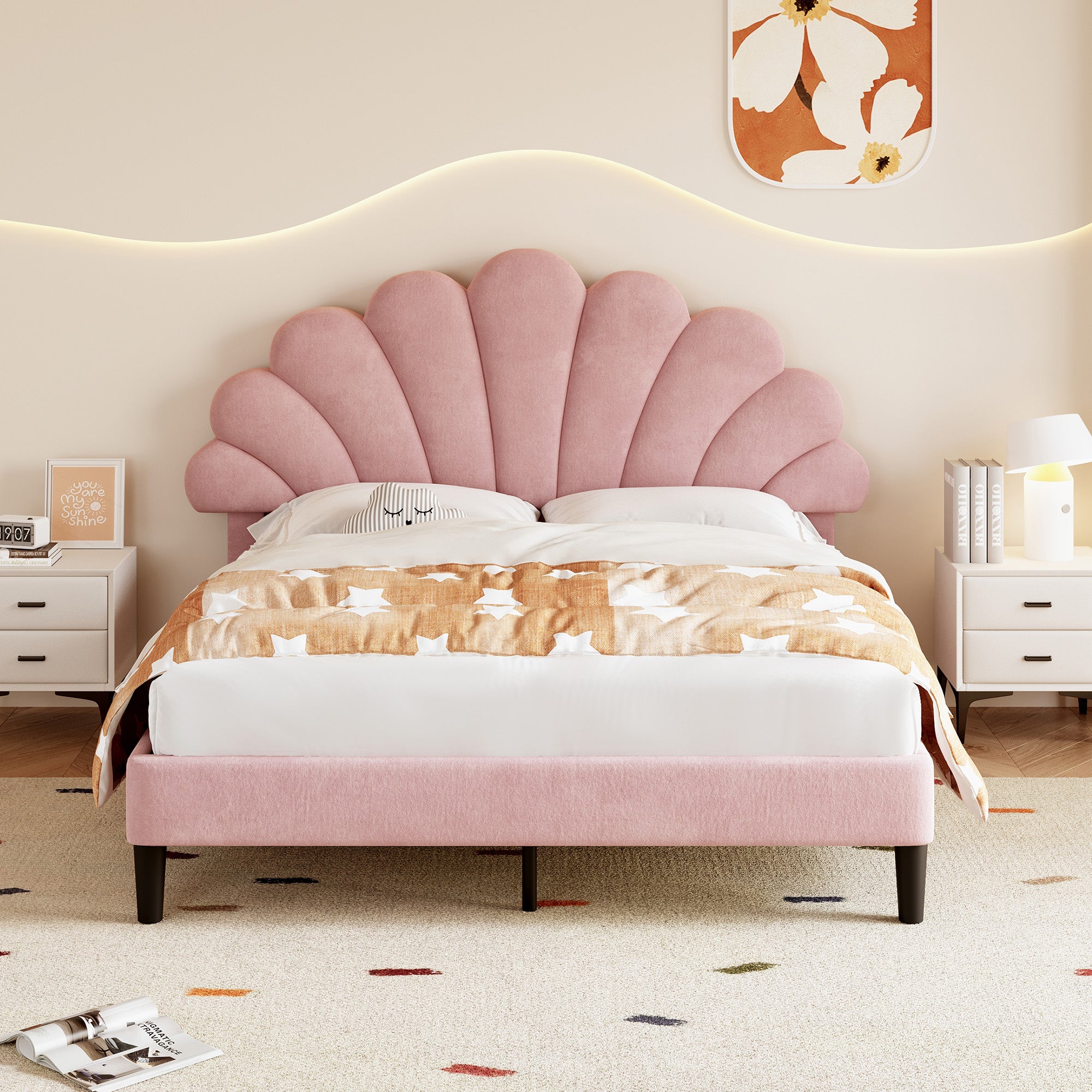 4ft6 Double Upholstered Velvet Bed Frame, with Adjustable Chic Petal Headboard, Velvet Platform Bed Frame with Solid Wood Slat, No Box Spring Needed, Easy Assembly, Pink