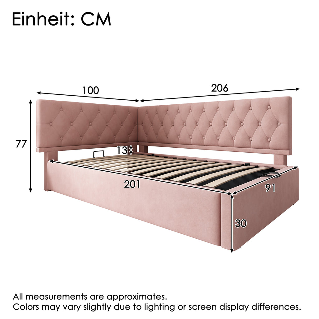 Daybed Upholstered Bed with Storage, 3FT Single Sofa Bed 90 x 190 cm, Ottoman Bed with Hydraulic Storage, Metal Slatted Bed Frame, Velvet, Pink (No Mattress)
