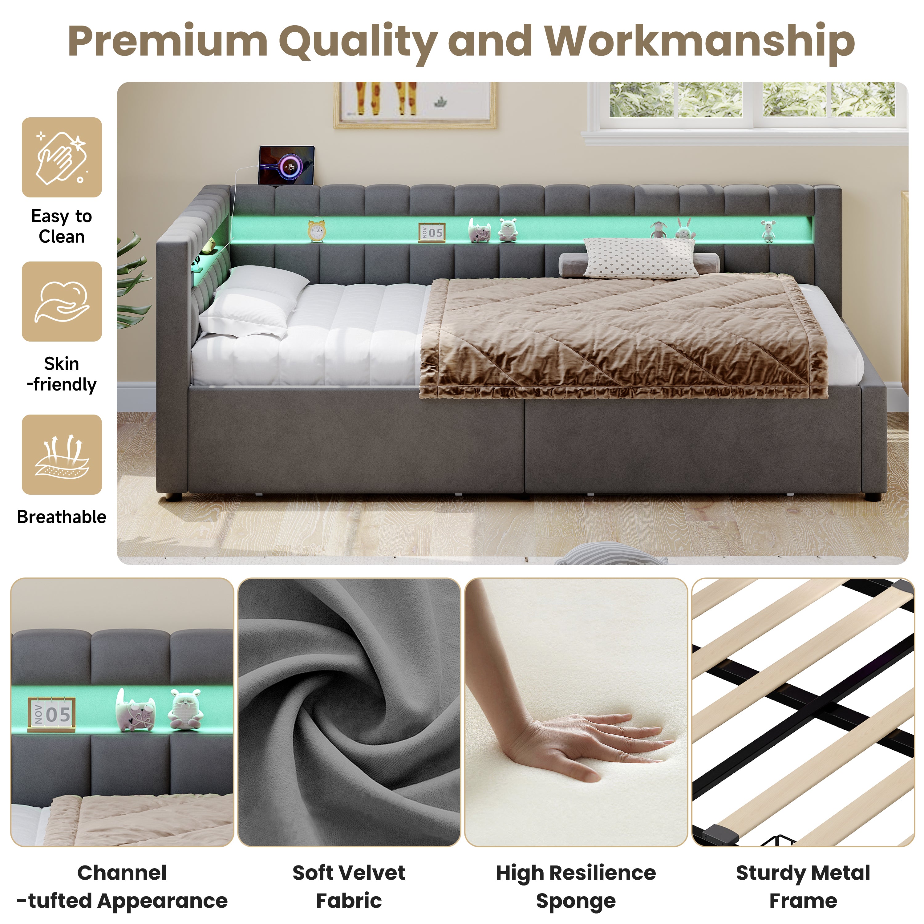3ft Single Daybed with Two Storage Drawers, LED Modern Channel Tufted Bed Frame with Charging Station, Velvet Sofa Bed for Living Room/ Bedroom/ Study Room, 90X190cm, Easy Assembly, Grey(No Mattress)