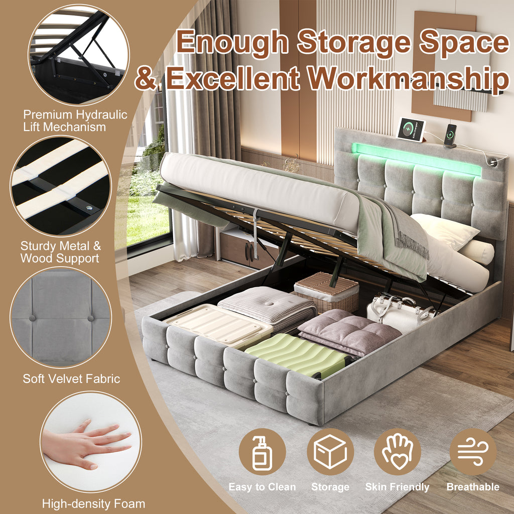 4ft6 Double Upholstered Bed Frame with Hydraulic Storage, Velvet Ottoman Bed with LED Lighting and Charging Station,  Double Bed with Adjustable Button Tufted Headboard, Grey (No Mattress)