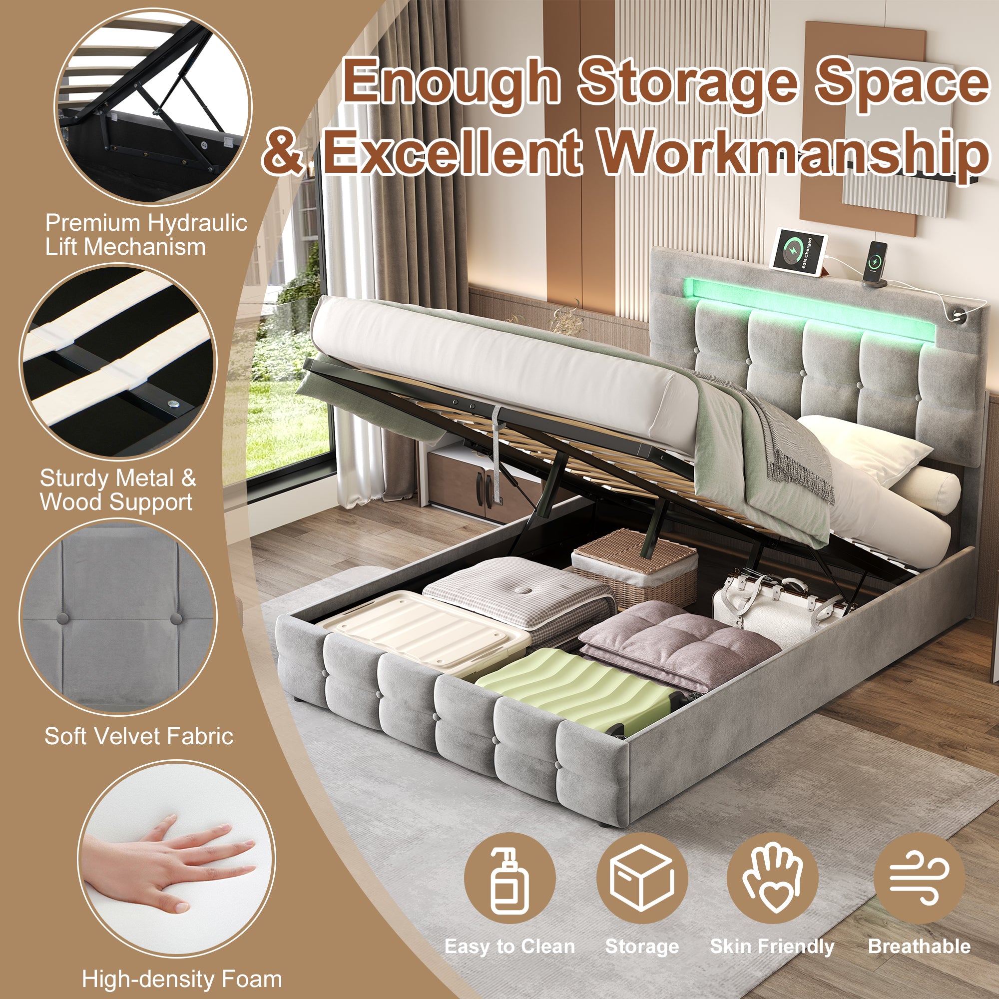 4ft6 Double Upholstered Bed Frame with Hydraulic Storage, Velvet Ottoman Bed with LED Lighting and Charging Station,  Double Bed with Adjustable Button Tufted Headboard, Grey (No Mattress)