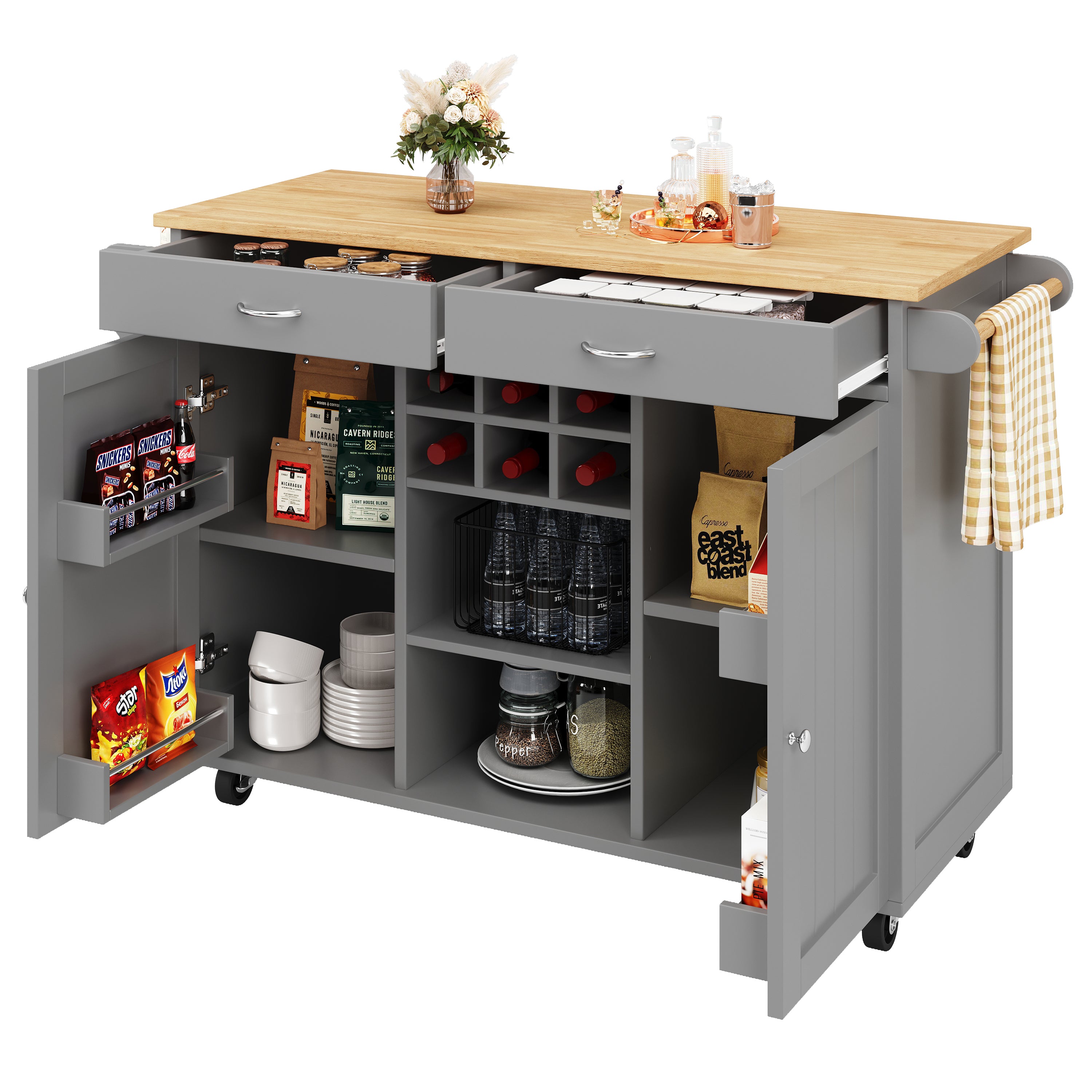 Modern Kitchen Island (102×45×92cm), Kitchen Cabinet, Sideboard, Serving Cart with Wood Grain, Sideboard, Multifunctional Dining Table with Storage, Gray