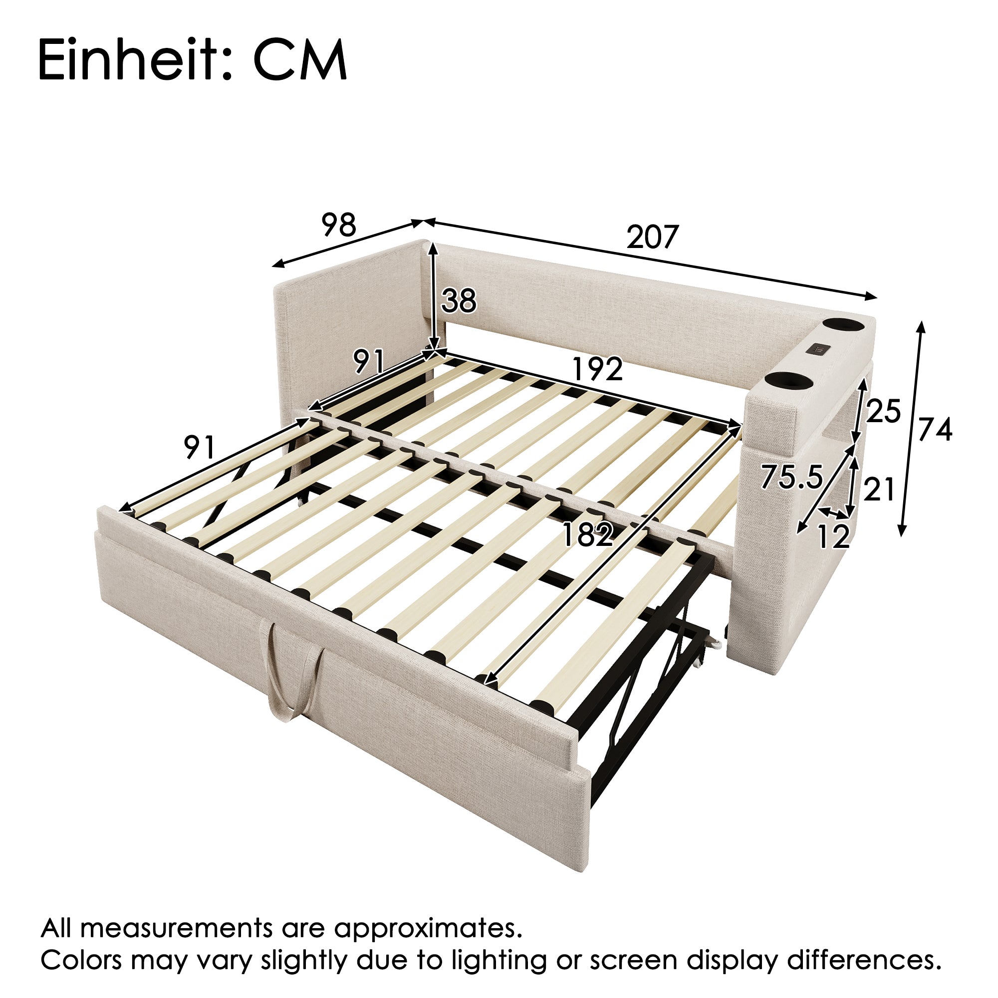 Daybed Upholstered Bed 90 x 190 cm, 3FT Single Sofa Bed with Cup Holders, USB &Type C Charging Station, Pull out Trundle for Living Room and Bedroom, Linen, Beige  (No Mattress)