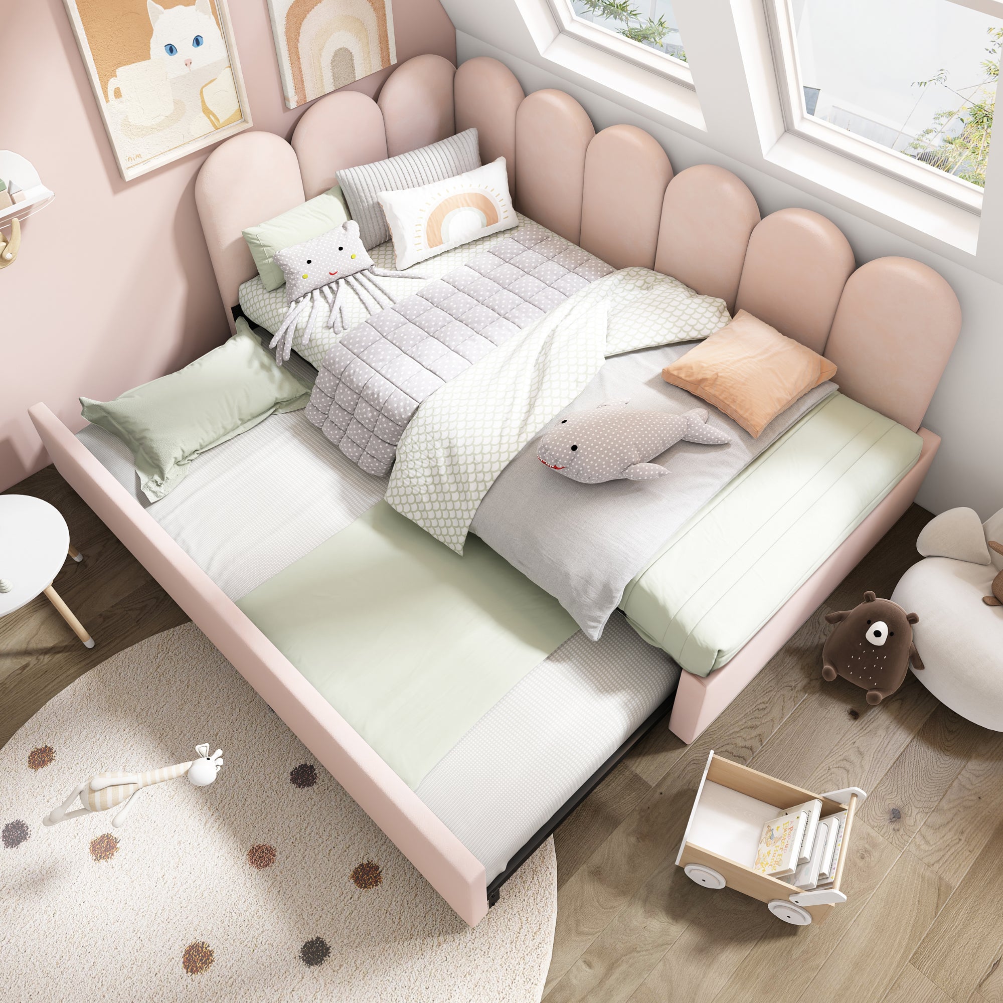 Upholstered Bed Daybed With Pull-Out Bed, 3FT Single Sofa Bed 90X190Cm,Guest Beds For Adults and Children, Bed With Metal Slatted Frame, Velvet, Pink (No Mattress)