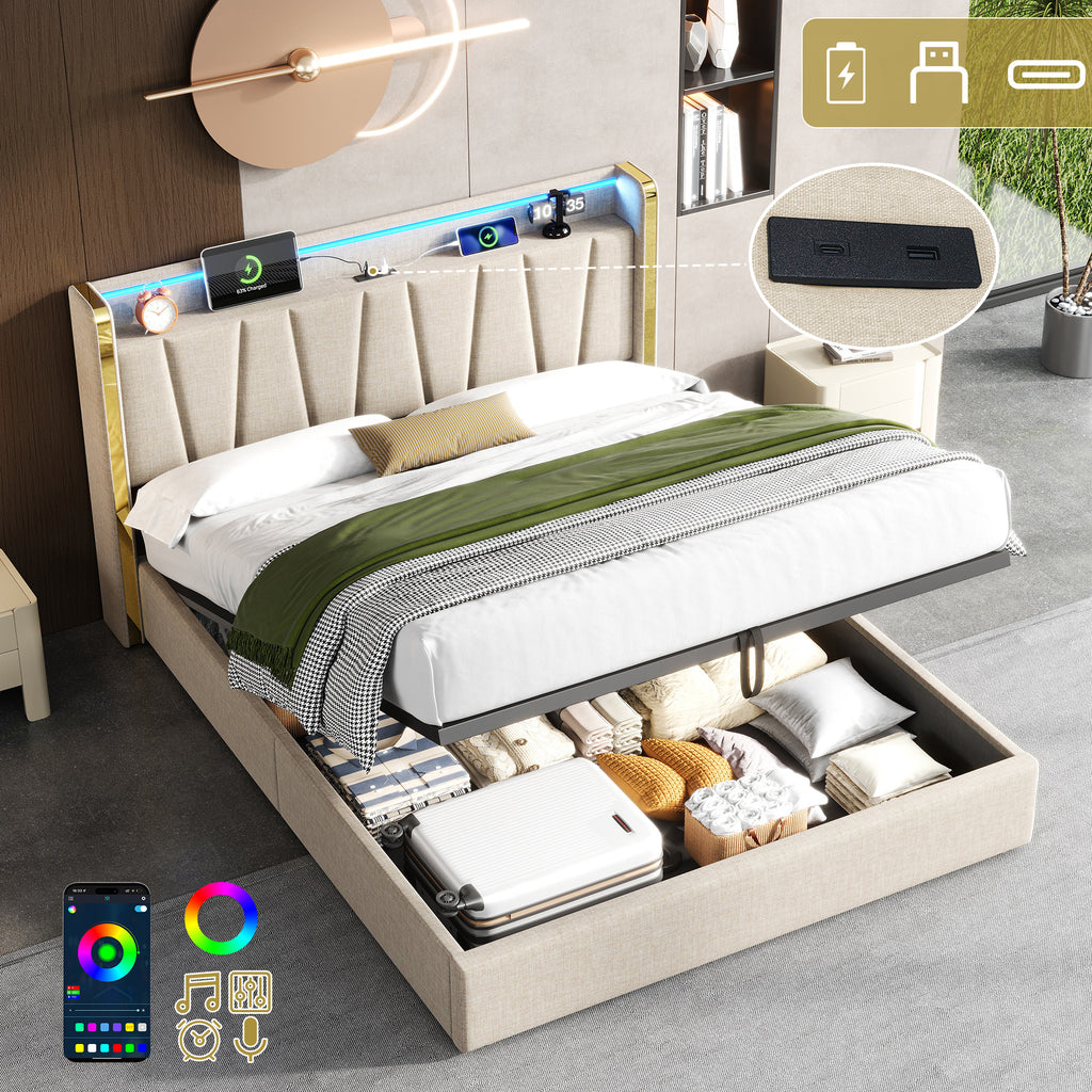 4ft6 Double Upholstered Bed Frame with Hydraulic Storage,  LED Headboard with Charging Station and Chrome Trim, USB and Type - C Ports, Linen, No Box Spring Needed, Beige (No Mattress)