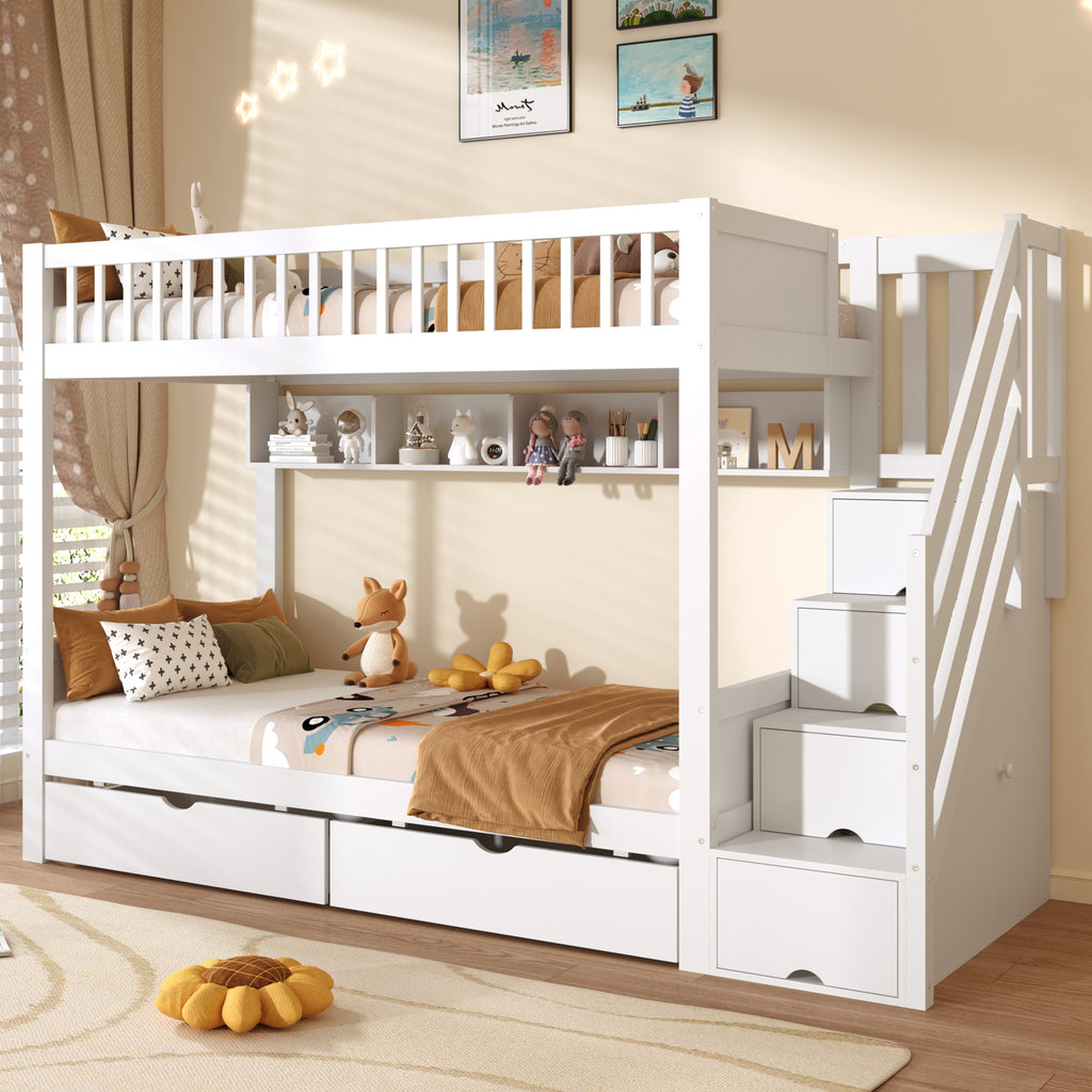 3ft Single Loft Bed with Under Bed Drawers, High-Quality Solid Wood Bunk Bed Frame with Integrated Stairway Storage, Shelving and Hidden Lockers, Safety Guardrails, White (No Mattress)