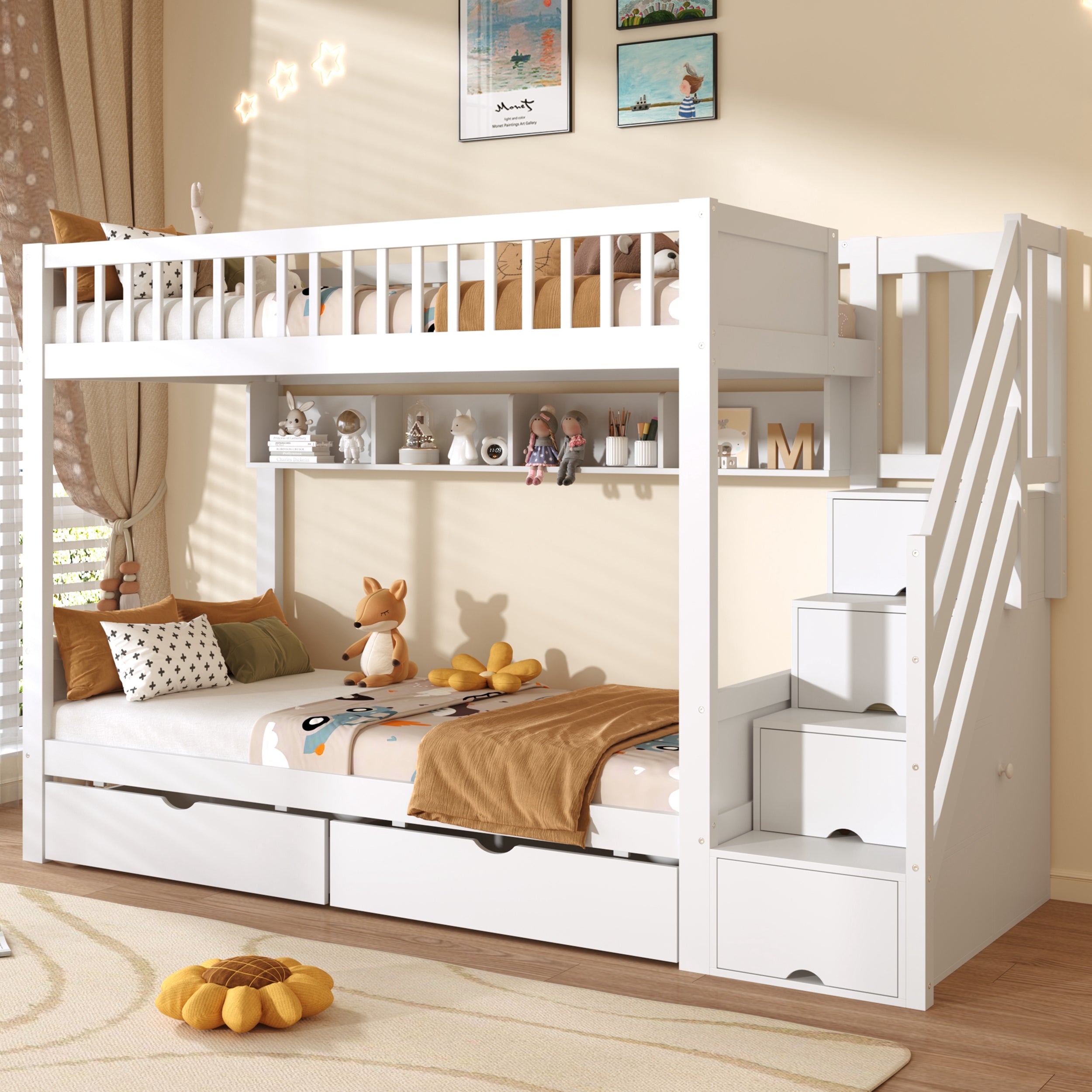 3ft Single Loft Bed with Under Bed Drawers, High-Quality Solid Wood Bunk Bed Frame with Integrated Stairway Storage, Shelving and Hidden Lockers, Safety Guardrails, White (No Mattress)