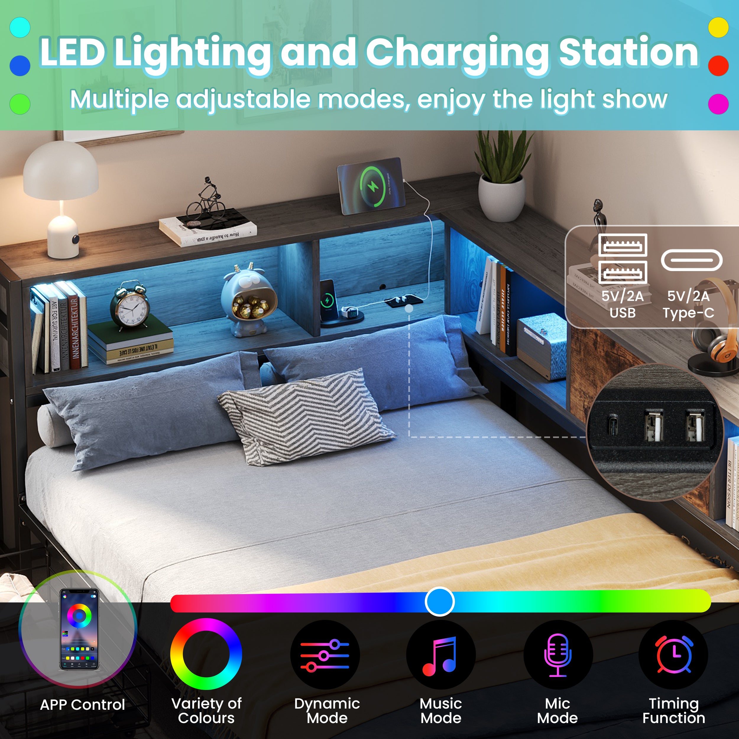 3ft Single Metal and Wood Bed with RGB LED Lights & Charging Station (USB & Type-C), Built-in Shelves and Bedside Storage, Two Storage Drawers, Two Assembly Methods, Grey, Rustic Brown (No Mattress)