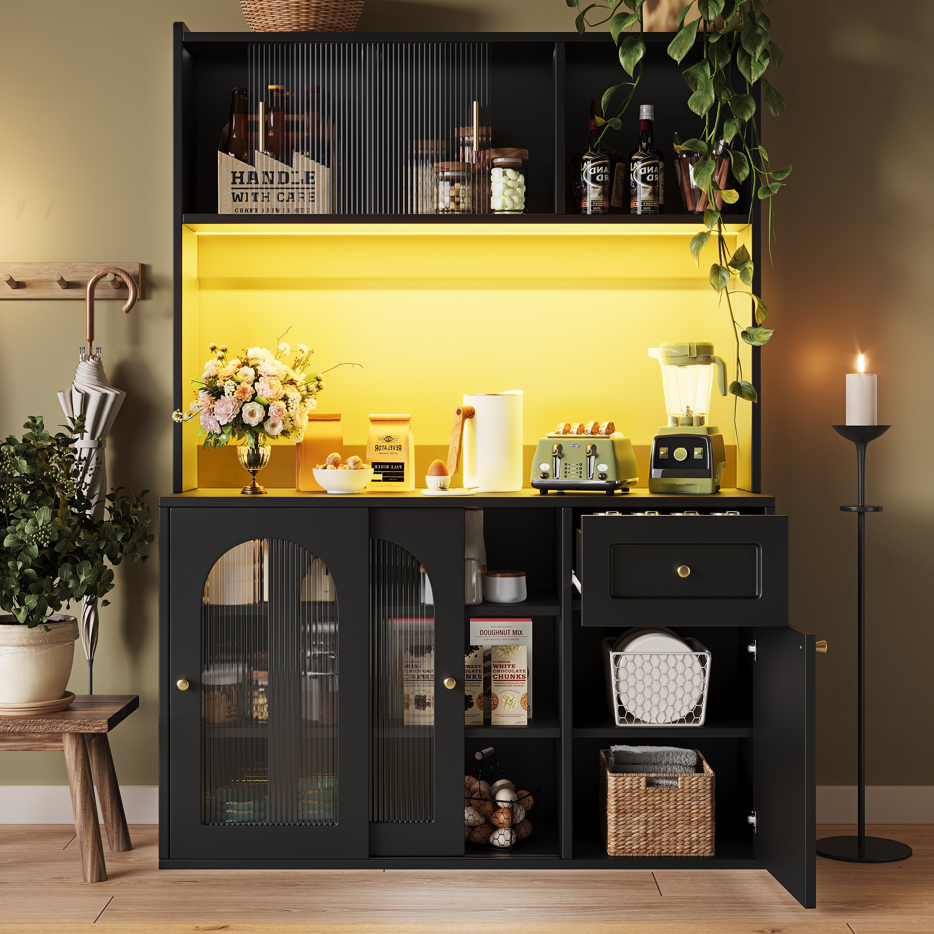 Kitchen Cabinet(120*35*167cm), Tall Cabinet, Display Cabinet, Buffet Cabinet with Adjustable Shelves, Dining Room Cabinet, Sideboard with LED Lighting, White/Black