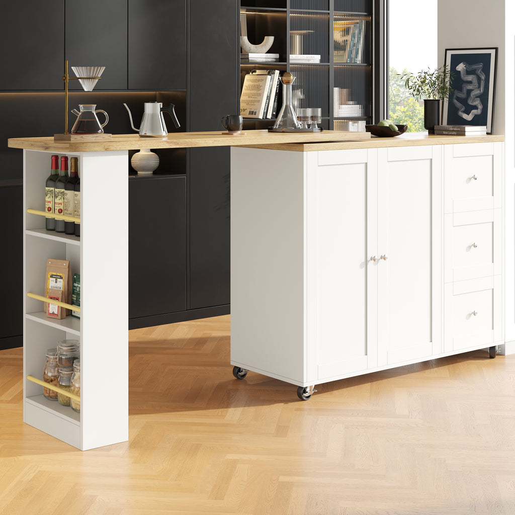 360° swivelling dining table (138-209 x 39 x 106 cm) on castors, bar table, white, with three drawers and snack rack, multifunctional storage island, suitable for kitchen and living room.