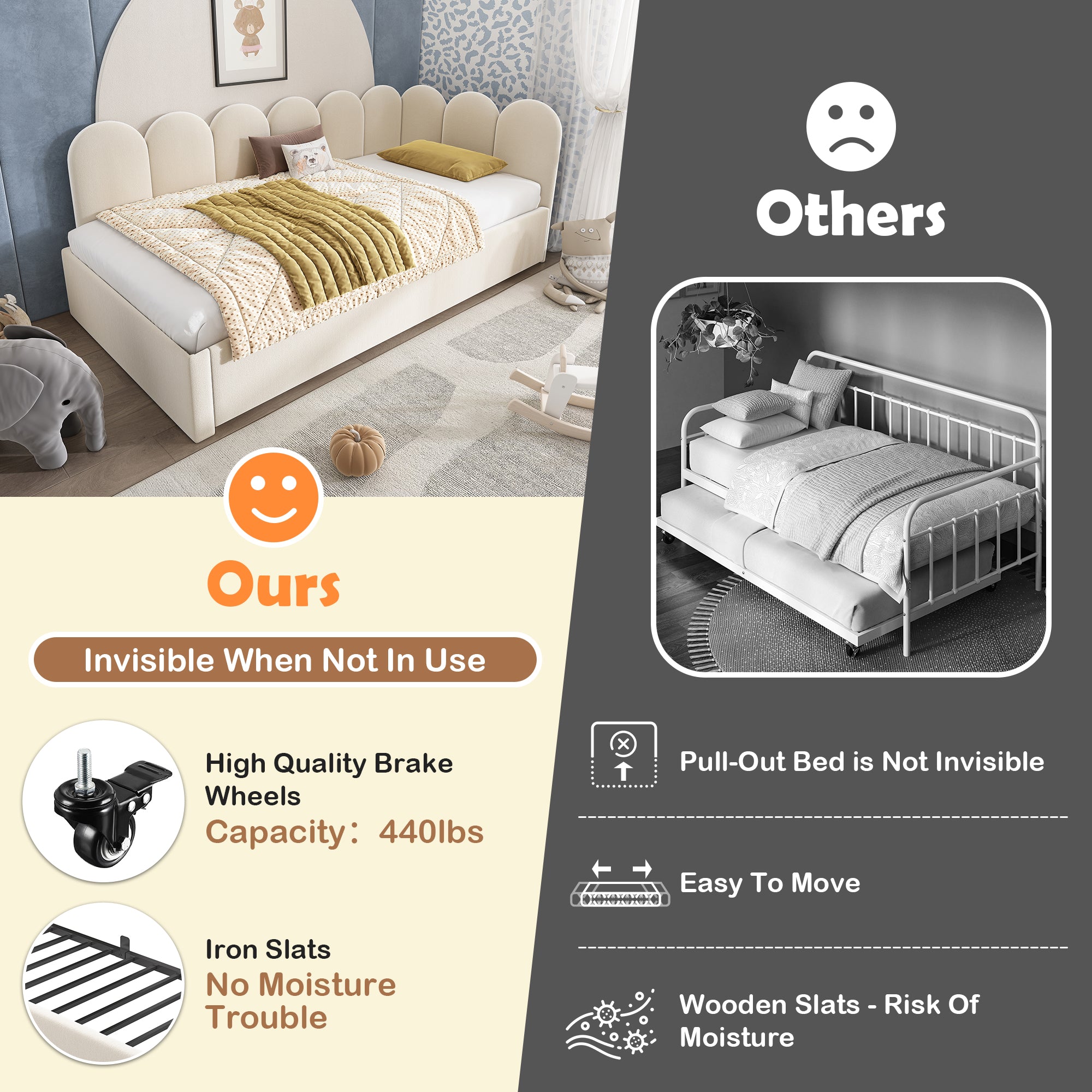 Upholstered Bed Daybed with Pull-Out Bed, 3FT Single Sofa Bed 90 x 190 cm, Guest Beds for Adults and Children, Bed with Slatted Frame, Velvet, Beige (No Mattress)