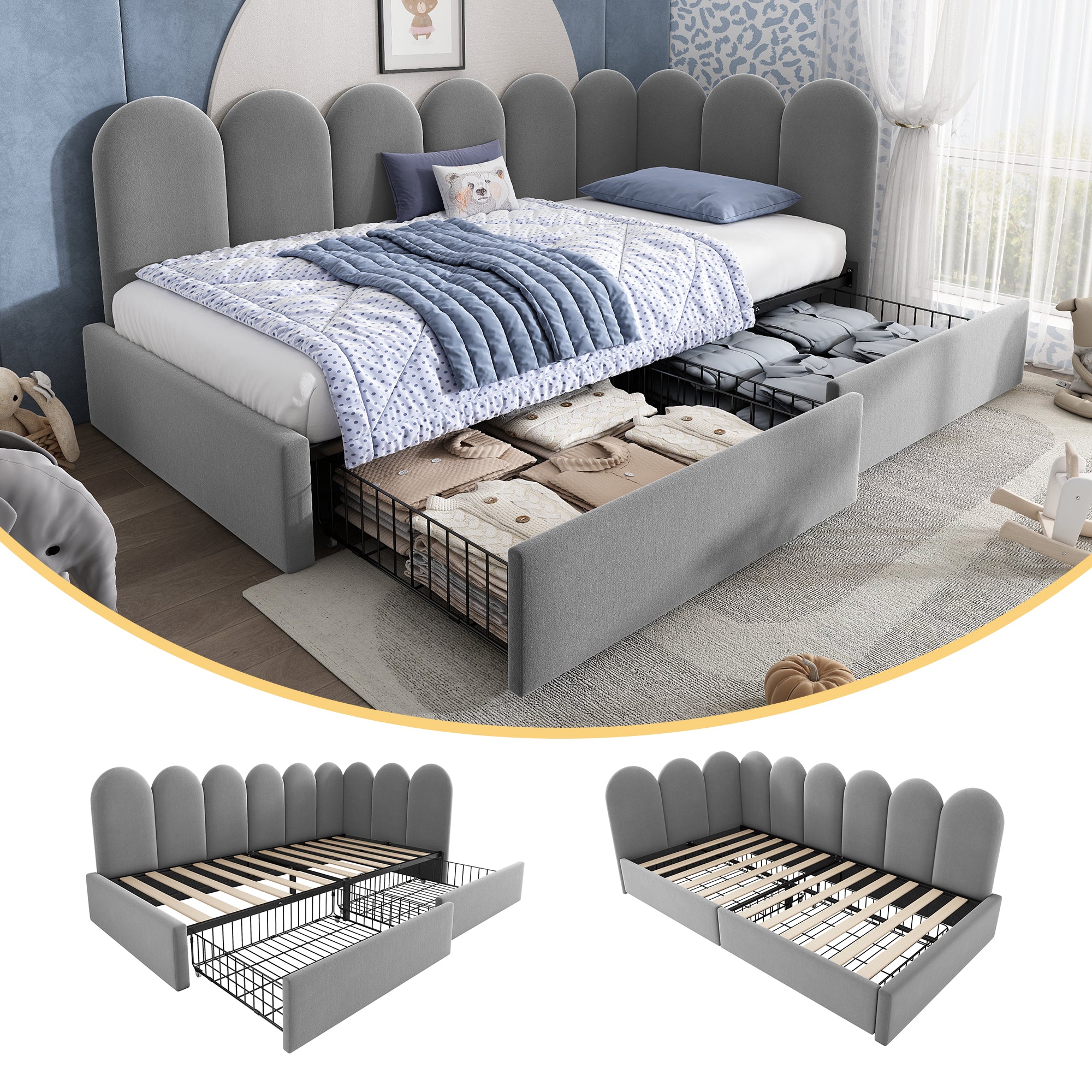 Upholstered Bed for Kids Daybed with Drawer Storage, 3FT Single Sofa Bed 90 x 190 cm, Sofa Bed for Adults and Children, Kids Bed Frame with Slatted Frame, Velvet, Grey (No Mattress)