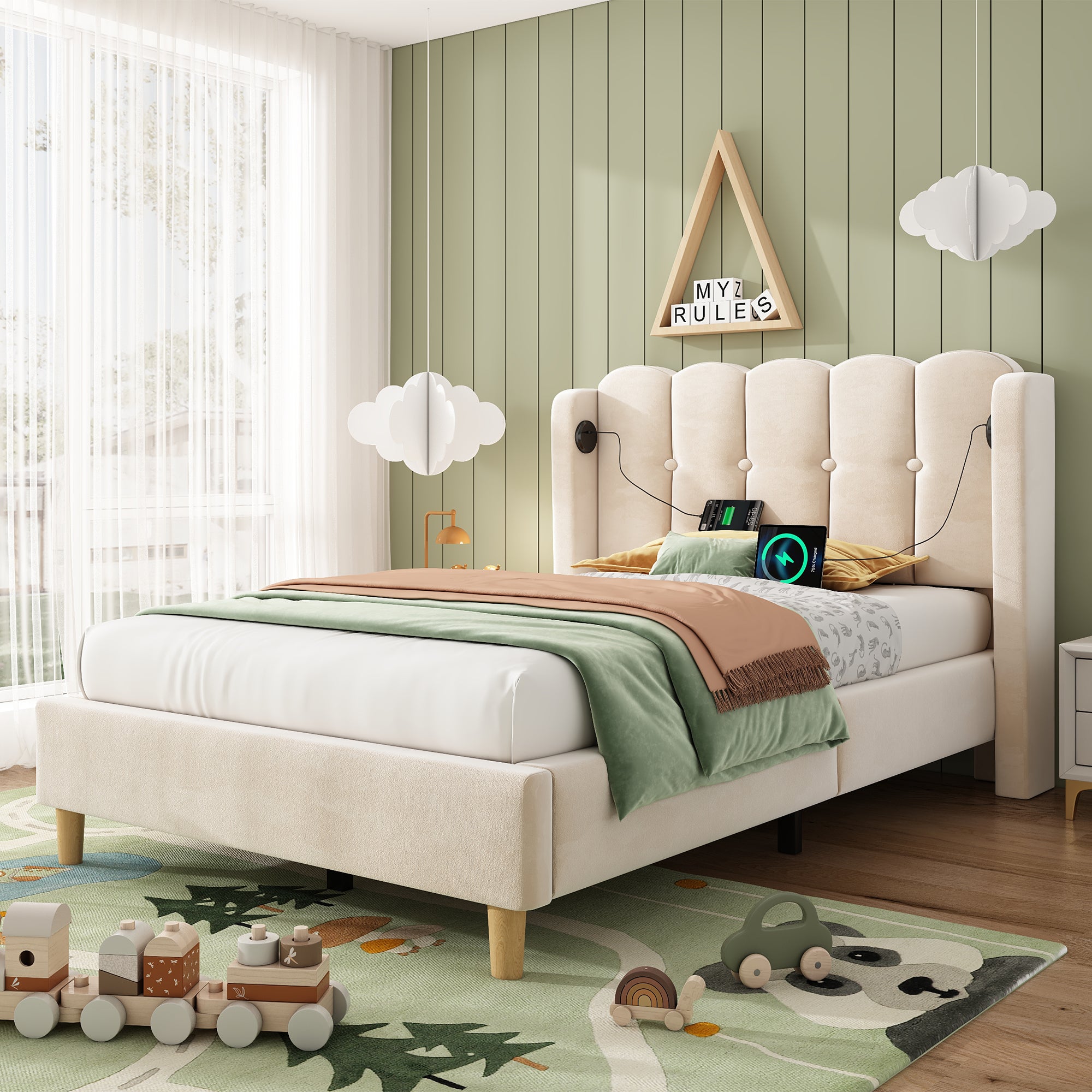 Upholstered Single Bed with USB and Type-C Charging, 3FT Bed Frame with Wooden Slatted Frame, Teenager Bed for Bedroom & Guest Room, 90 x 190 cm, Beige, Velvet (No Mattress)
