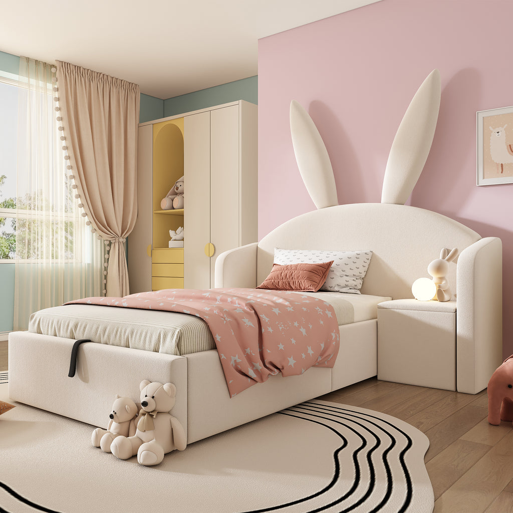 Bunny Ears Kids Bed, Single Upholstered Bed with Hydraulic Storage & Nightstand, Children Bed Frame for Girls Bedroom, 90 x 190 cm, Beige, No Mattress