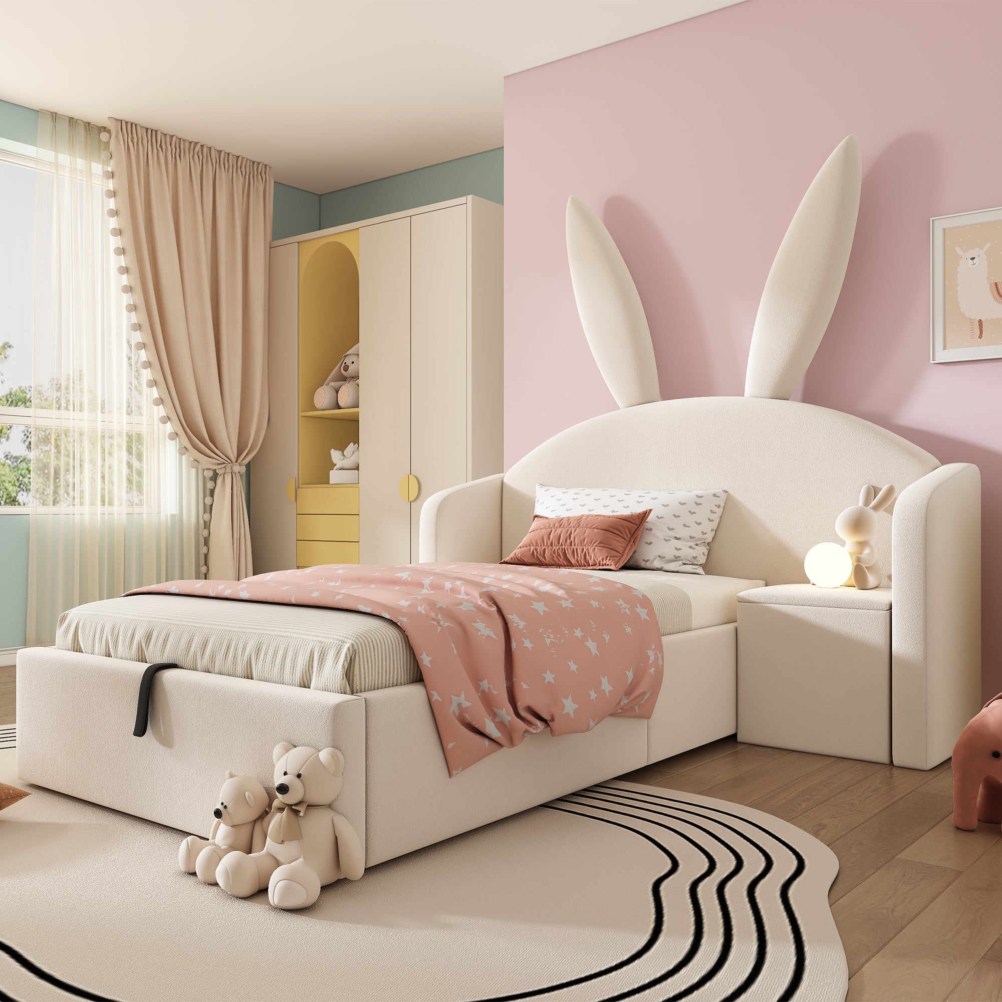 Bunny Ears Kids Bed, Single Upholstered Bed with Hydraulic Storage & Nightstand, Children Bed Frame for Girls Bedroom, 90 x 190 cm, Beige, No Mattress