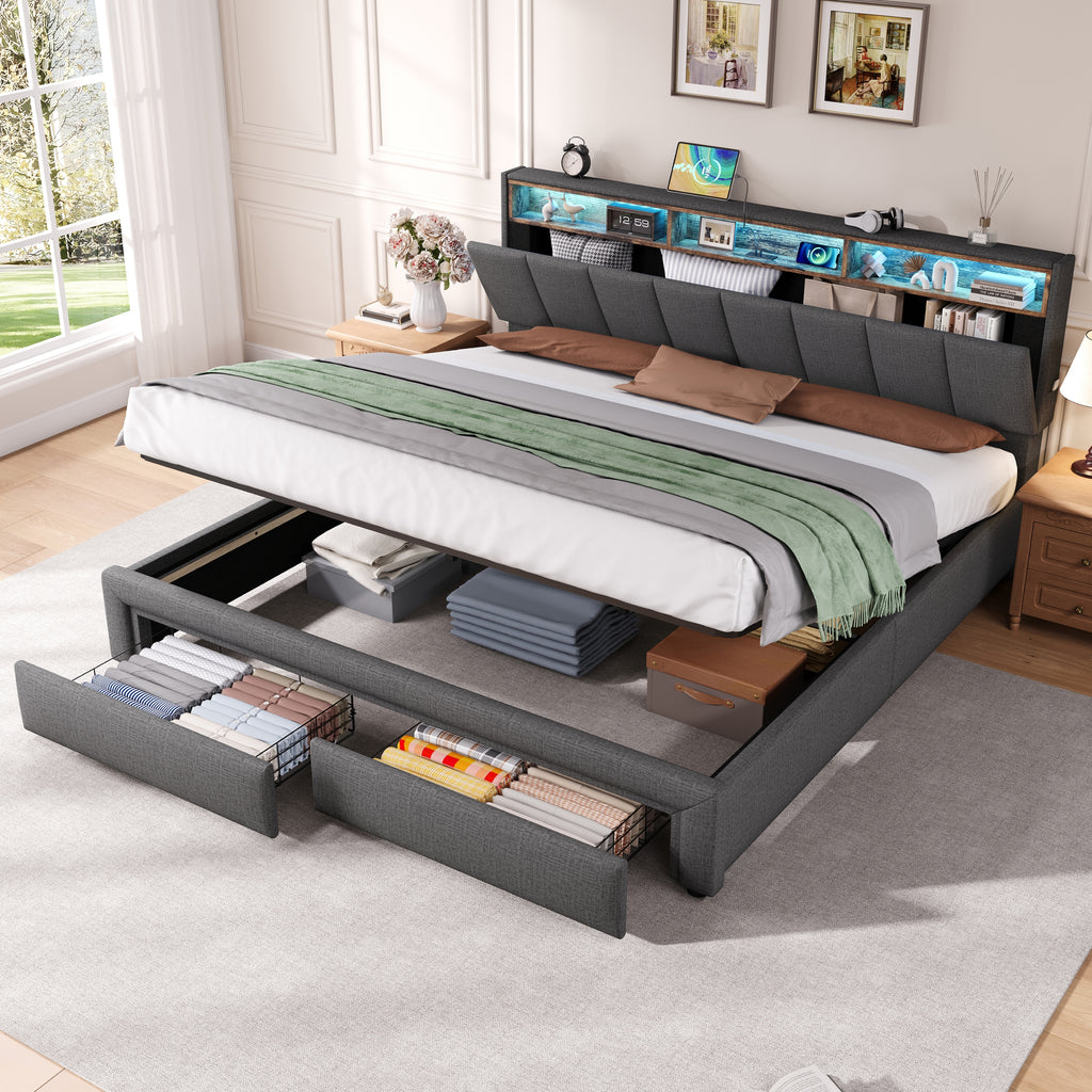 6ft Super King Upholstered Bed Frame with Hydraulic and Drawers Storage, LED Adjustable Headboard with Charging Station and Concealed Headboard Storage, Linen, No Box Spring Needed, Grey (No Mattress)