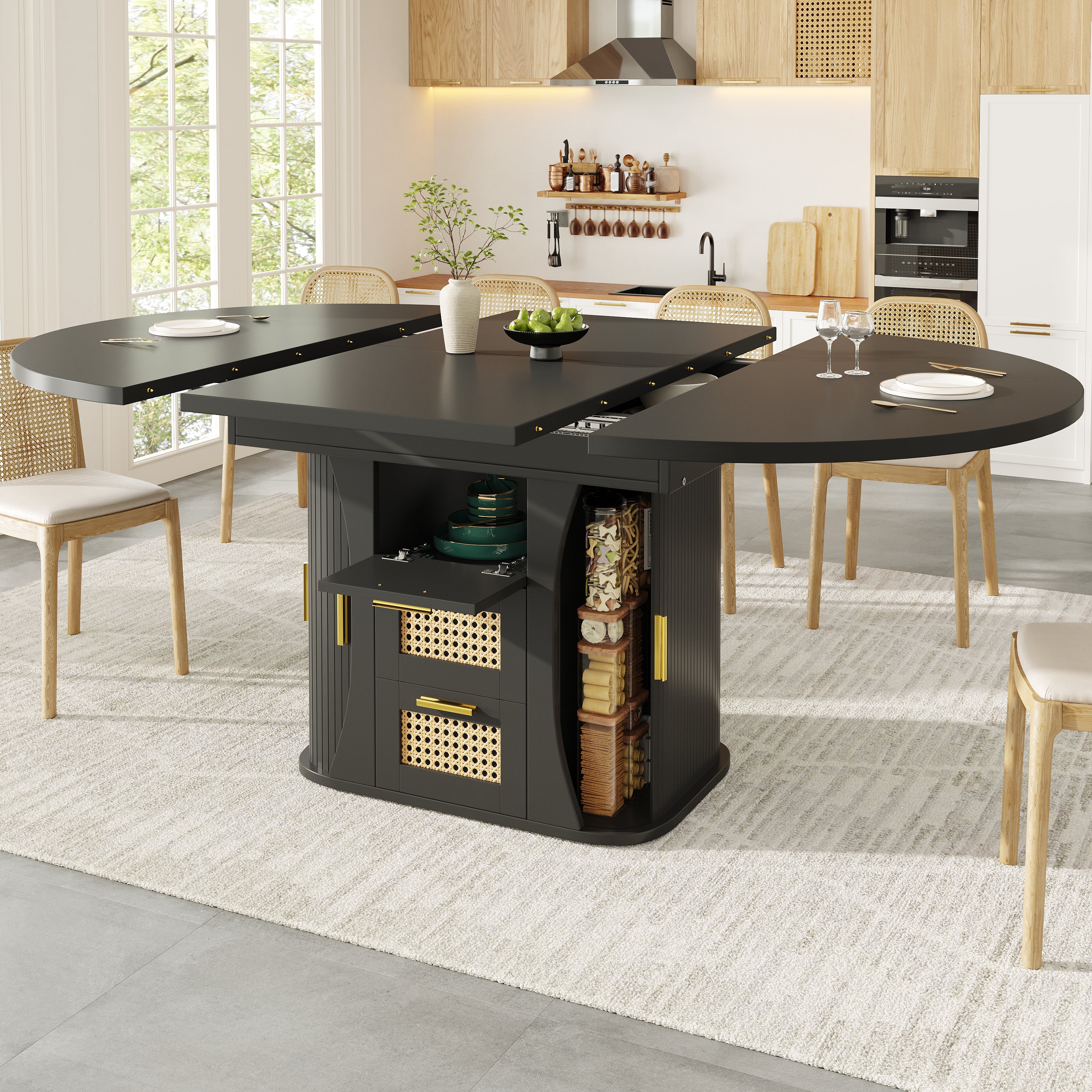 Extendable dining table with storage, 118–158cm table with rattan drawers, MDF wood look, black / natural wood / oak look