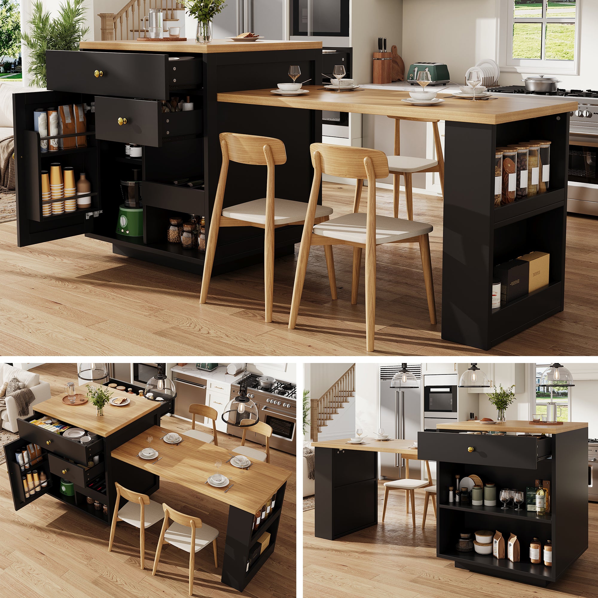 Extendable bar table with storage (122.5-195.5×70×93.8cm), with three drawers and wine rack, kitchen island with extendable table, for 2-6 people, kitchen dining cart with side shelves, black