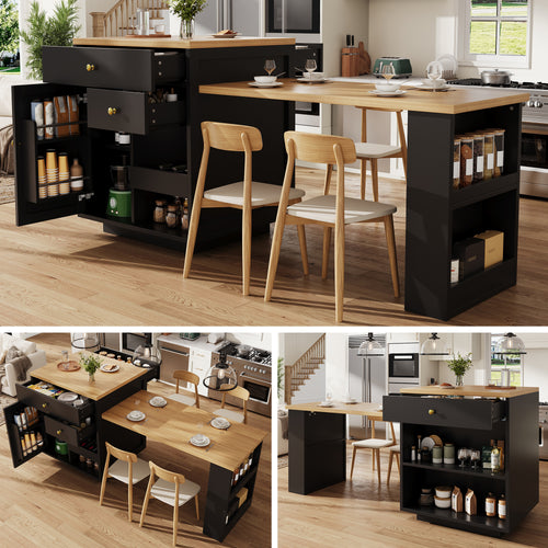 Extendable bar table with storage (122.5-195.5×70×93.8cm), with three drawers and wine rack, kitchen island with extendable table, for 2-6 people, kitchen dining cart with side shelves, black