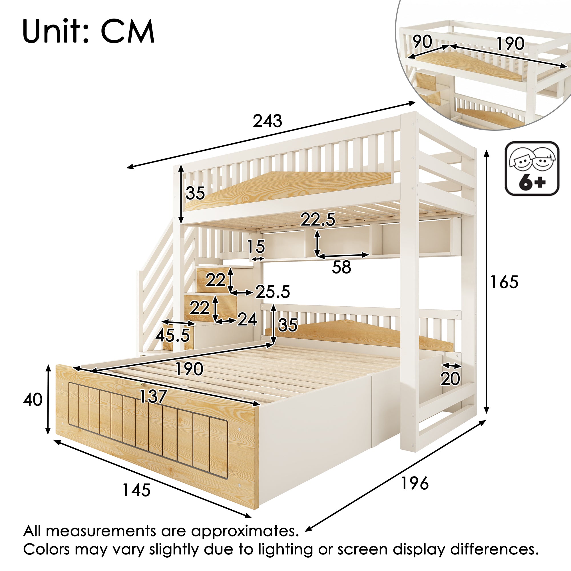 Offset Bunk Beds for Kids, Staircase Bunk with Hydraulic Storage & USB Charging, Children's Bed Double Bed for Family with Multiple Children, (90+135) x 190 cm, White & Natural