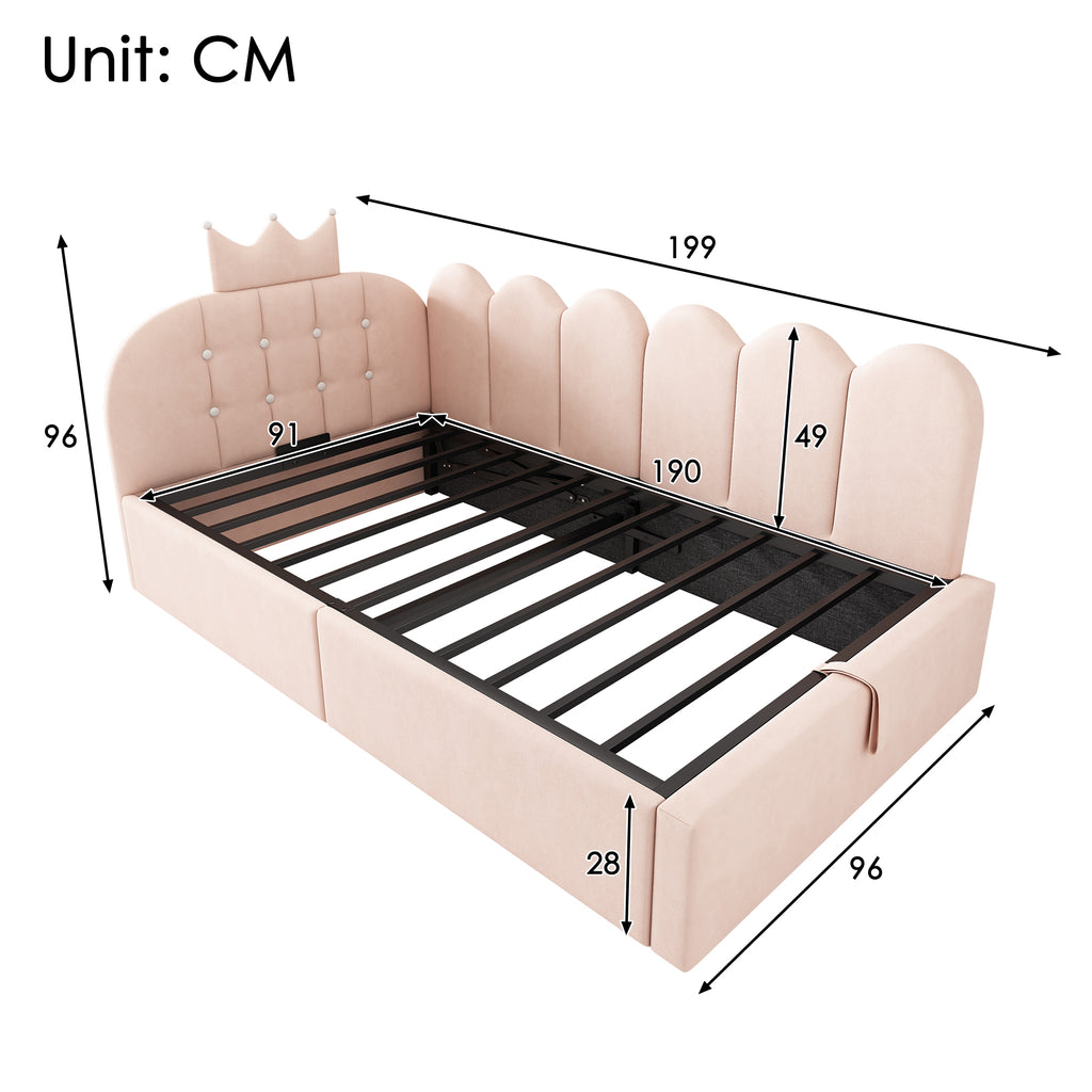 Upholstered Daybed with Hydraulic Storage, 3FT Single Sofa Bed 90 x 190 cm, Crown-shaped Bed Guest Beds for Adults & Children, Velvet, Pink (No Mattress)