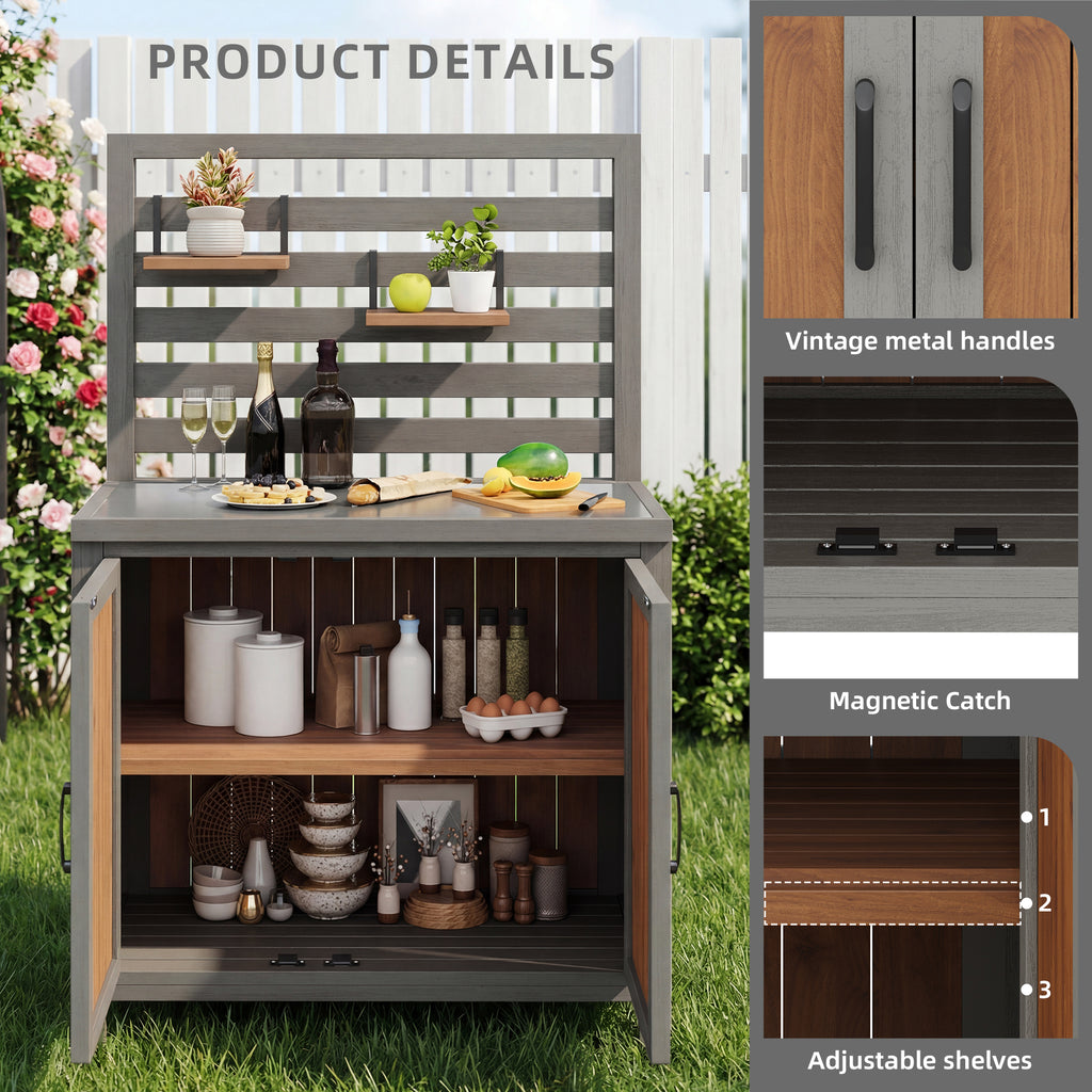 Weatherproof wooden garden cabinet – tool shed with stainless steel worktop, grill station with adjustable shelves and storage compartments, kitchen cabinet for patio, balcony, garden