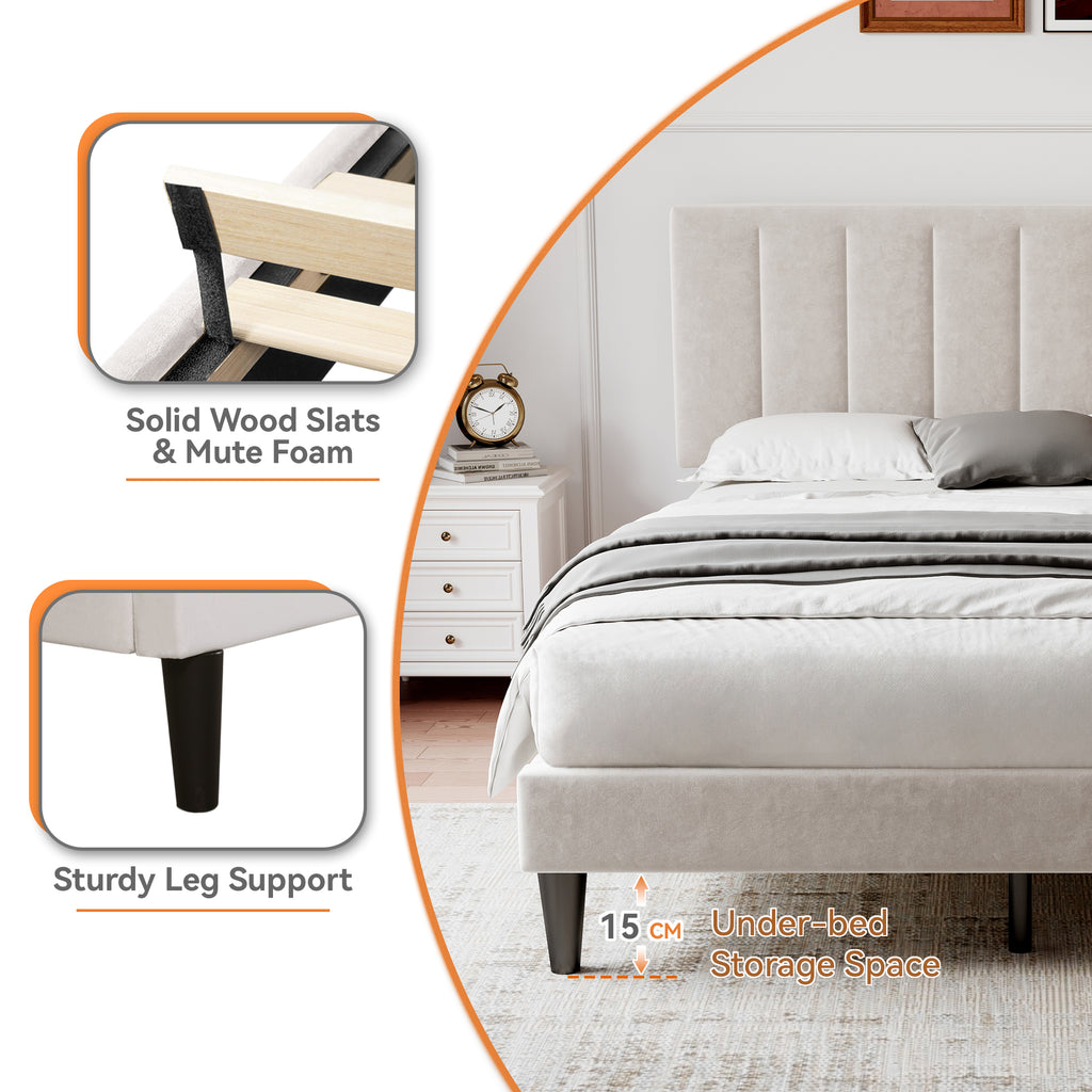 4ft6 Double Upholstered Velvet Bed Frame, with Adjustable Channel Tufted Headboard, Velvet Platform Bed Frame with Solid Wood Slat and Mute Foam, No Box Spring Needed, Easy Assembly, Beige