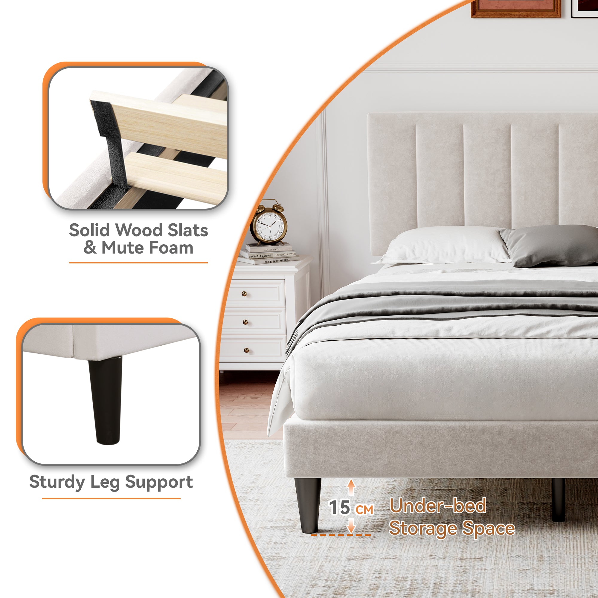 4ft6 Double Upholstered Velvet Bed Frame, with Adjustable Channel Tufted Headboard, Velvet Platform Bed Frame with Solid Wood Slat and Mute Foam, No Box Spring Needed, Easy Assembly, Beige