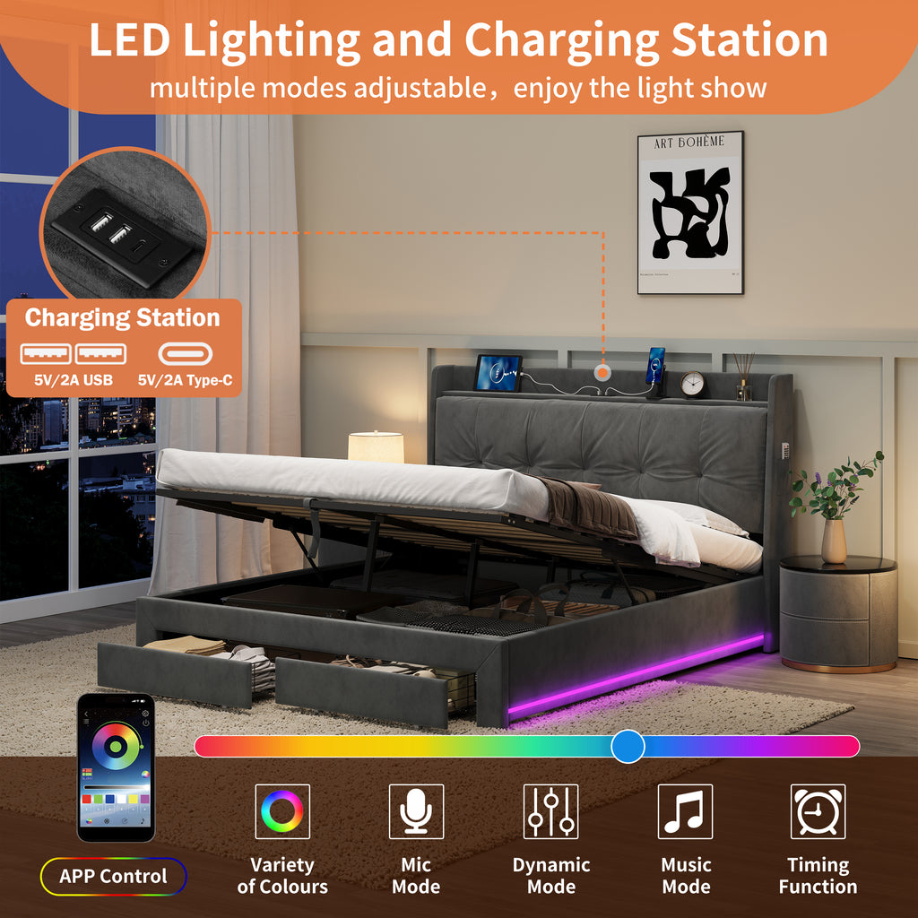 5ft King Upholstered Bed Frame with Hydraulic and Drawers Storage, Back Cushion Headboard with Charging Station,  Velvet Ottoman Hydraulic Bed with RGB LED Lighting, Grey (No Mattress)
