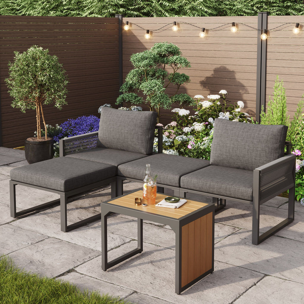 2-4 Seater Modular Garden Furniture Set with Plastic Wood Table, Flexible Corner Sofa with Polyester Rope and Waterproof Linen Fabric, Weatherproof Outdoor Patio Lounge Set, Grey