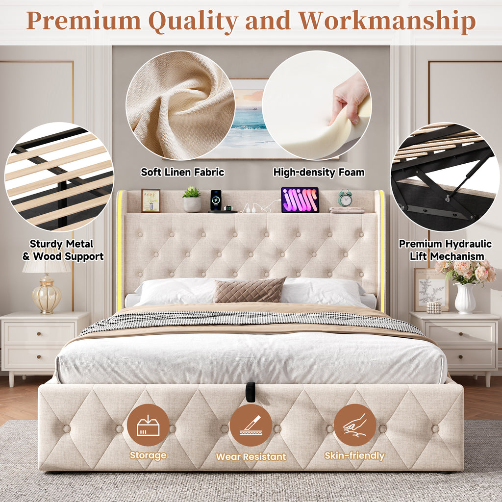 4ft6 Double Upholstered Bed Frame with Hydraulic Storage, LED Headboard with Charging Station and Button-tufted Design, USB and Type-C Ports, Linen, No Box Spring Needed, Beige (No Mattress)