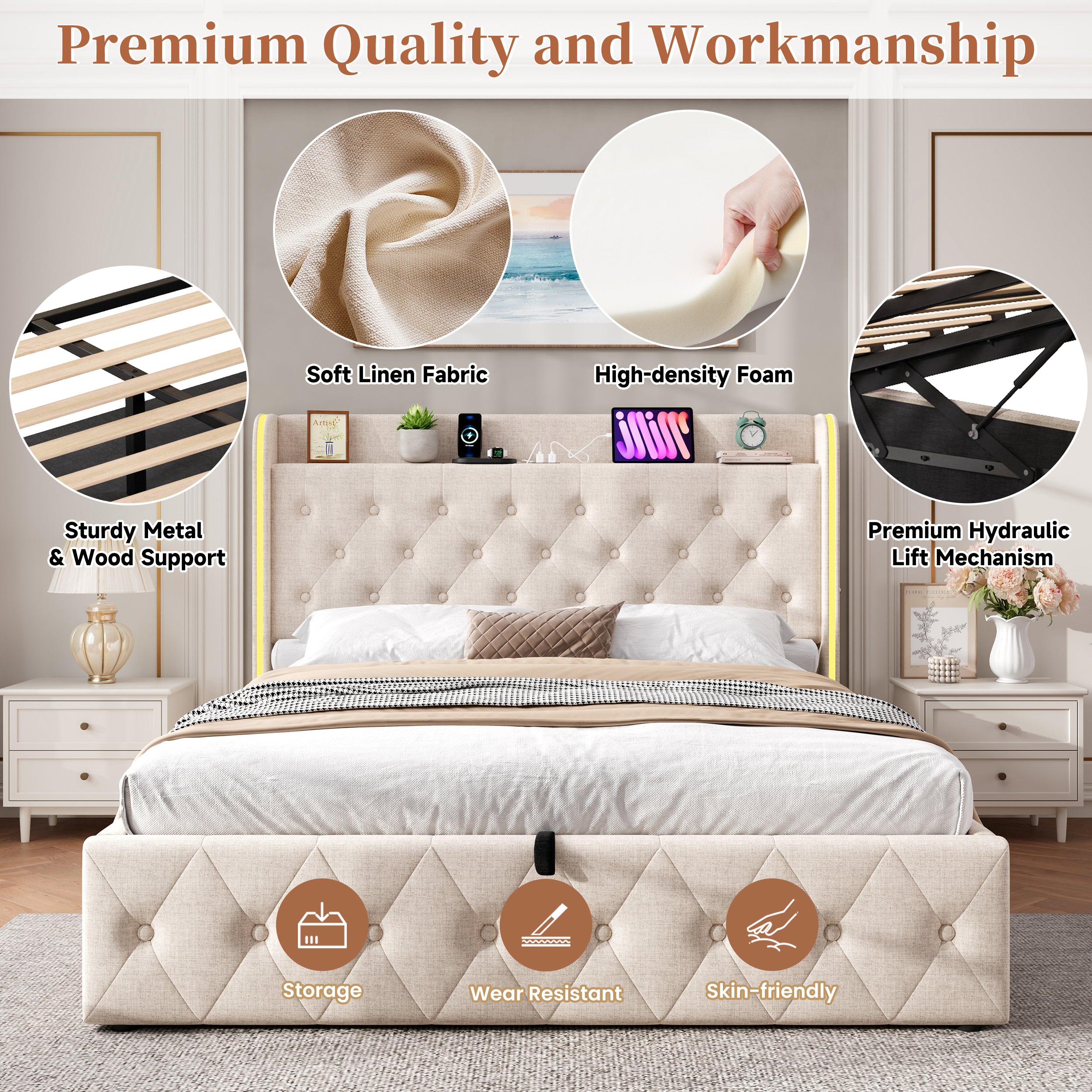 4ft6 Double Upholstered Bed Frame with Hydraulic Storage, LED Headboard with Charging Station and Button-tufted Design, USB and Type-C Ports, Linen, No Box Spring Needed, Beige (No Mattress)