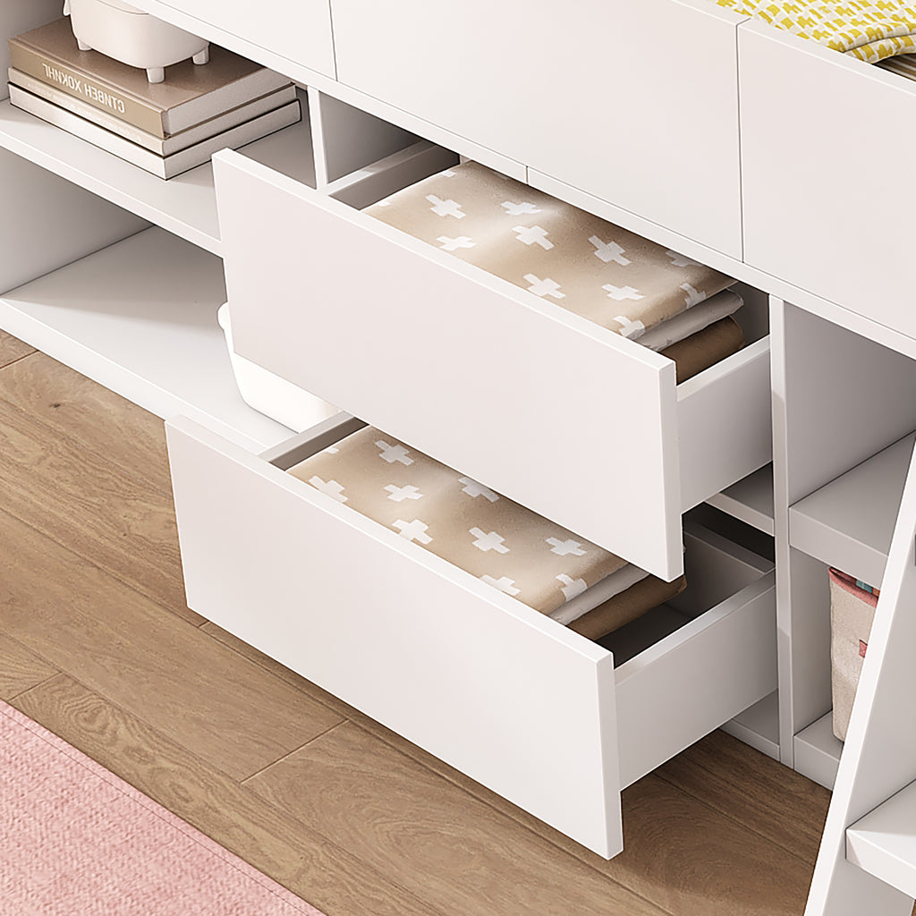Cabin Bed Mid Sleeper Bed Frame Storage Kids Wooden bed with Drawers Shelf Storage Low Sleeper Bed  3ft Single Children's White Wooden Bed - 3ft Single (90 x 190 cm) Frame Only