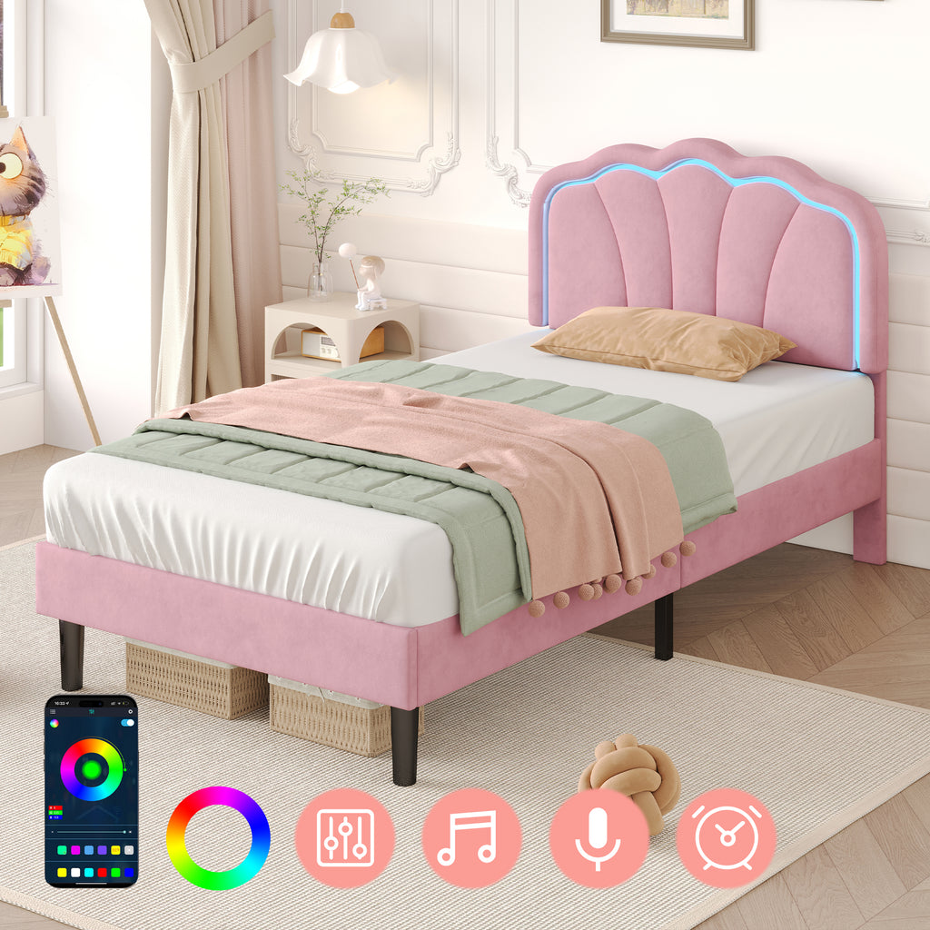 3ft Single Upholstered Bed with LED Adjustable Shell Shape Headboard, Soft Velvet Bed Frame with Solid Wood Slat, No Box Spring Needed, Easy Assembly, Pink (No Mattress)