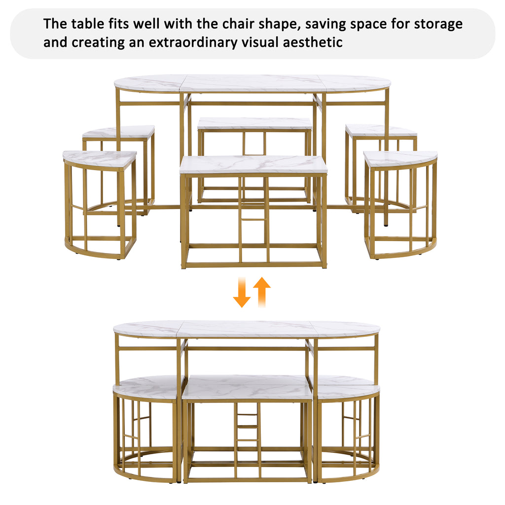 Dining room table set with six chairs, Dining group with white MDF seat cushions and gold-plated iron frames, Modern luxury tables and chairs