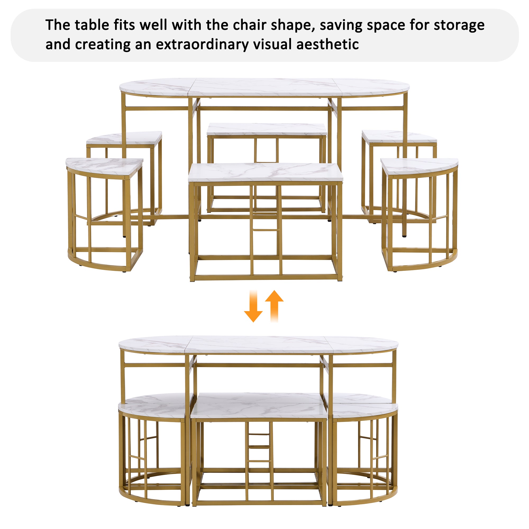 Dining room table set with six chairs, Dining group with white MDF seat cushions and gold-plated iron frames, Modern luxury tables and chairs