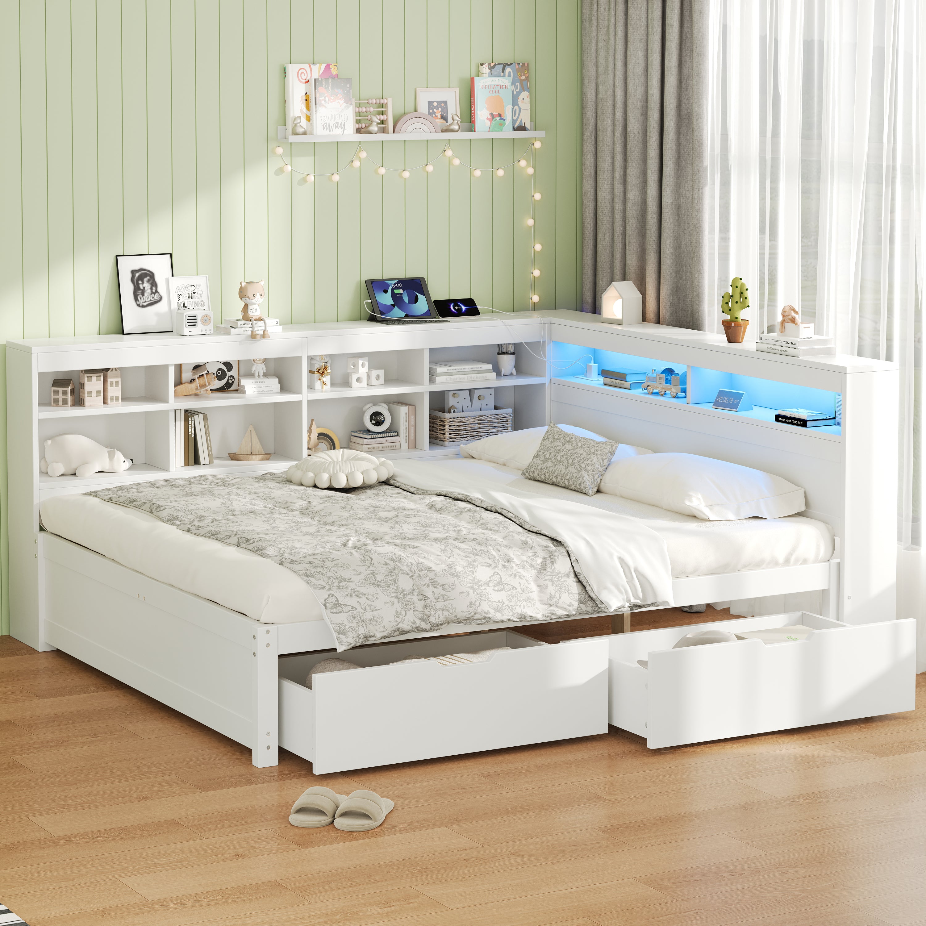 4ft6 Double Daybed with Two Storage Drawers and Beside Storage, LED Modern Bed frame with Charging Station, Wood Bed for Living Room/ Bedroom/ Study Room, 135X190cm, Easy Assembly, White (No Mattress)