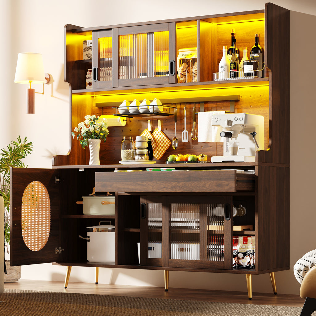 Sideboard / Storage Cabinet / Kitchen Cabinet / Buffet, 145x39x171cm, Country Style, 5 Doors, with LED Light Strip & Pegboard, Fluted Glass Doors, Brown/Black