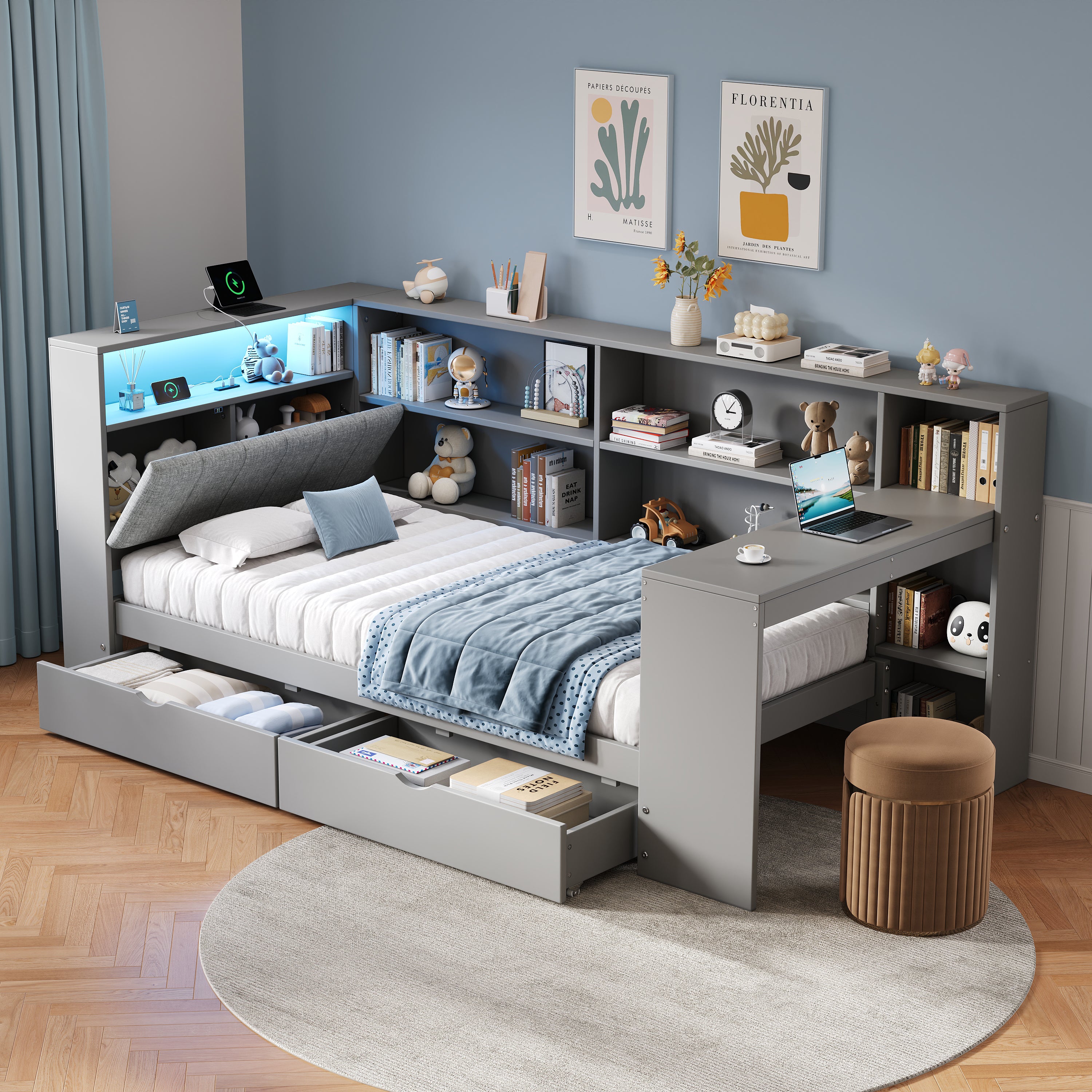 3ft Single L-Shape Daybed with Storage Drawers and Bookcase Storage, LED Linen Concealed Headboard Storage with Charging Station, Wood Bed for Living Room/ Bedroom/ Study Room, Grey (No Mattress)