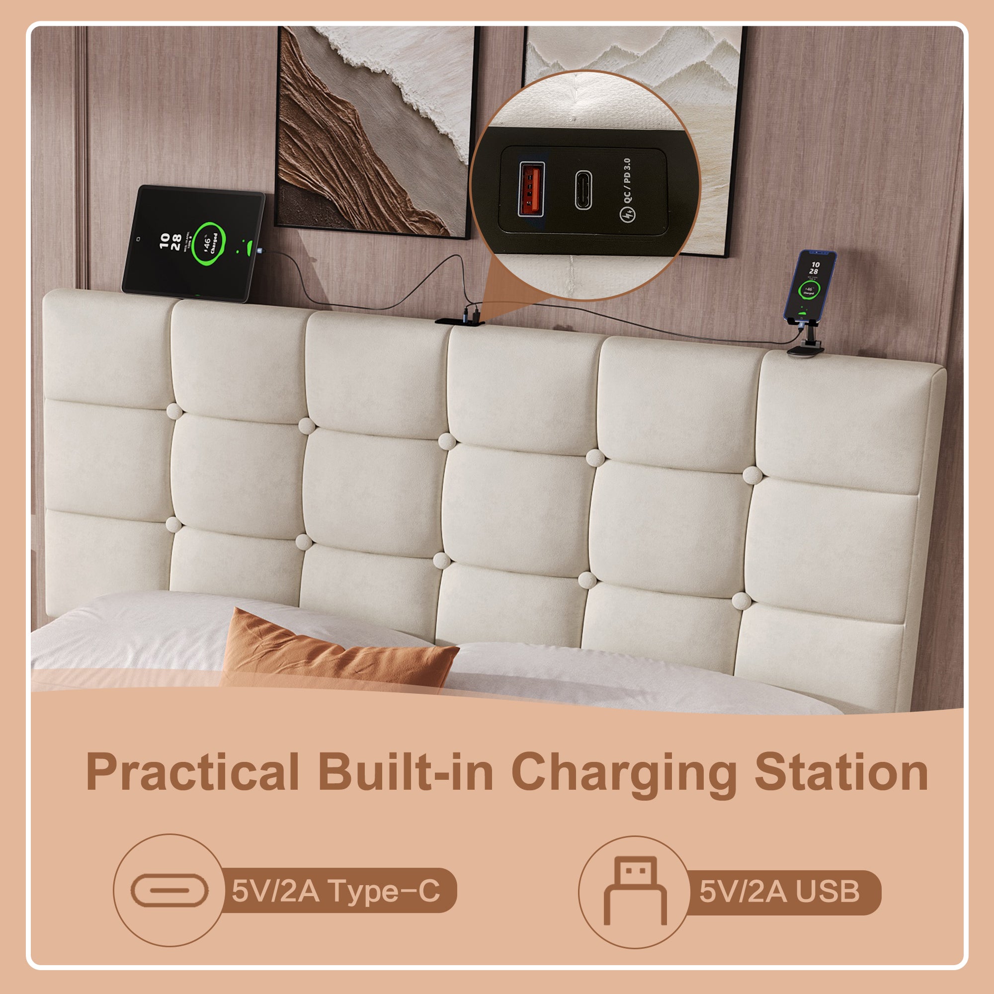 4ft6 Double Upholstered Bed with 4 Storage Drawers, Velvet Bed Frame with Charging Station. Adjustable Button Tufted Headboard with USB and Type - C Ports, No Box Spring Needed, Beige (No Mattress)