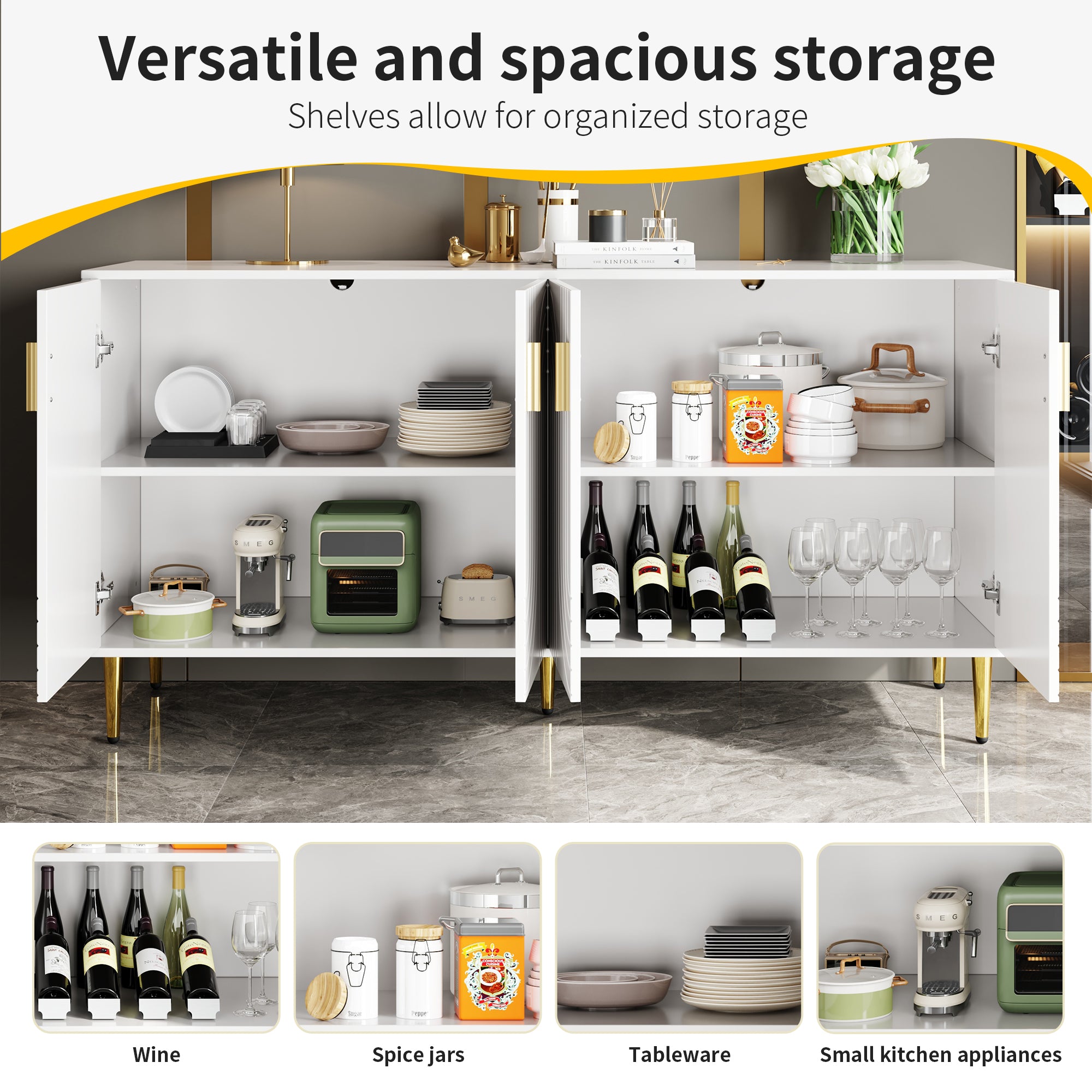 White sideboard (152 x 40 x 75 cm) with unique wave design and golden handles and feet, creating an elegant dining area