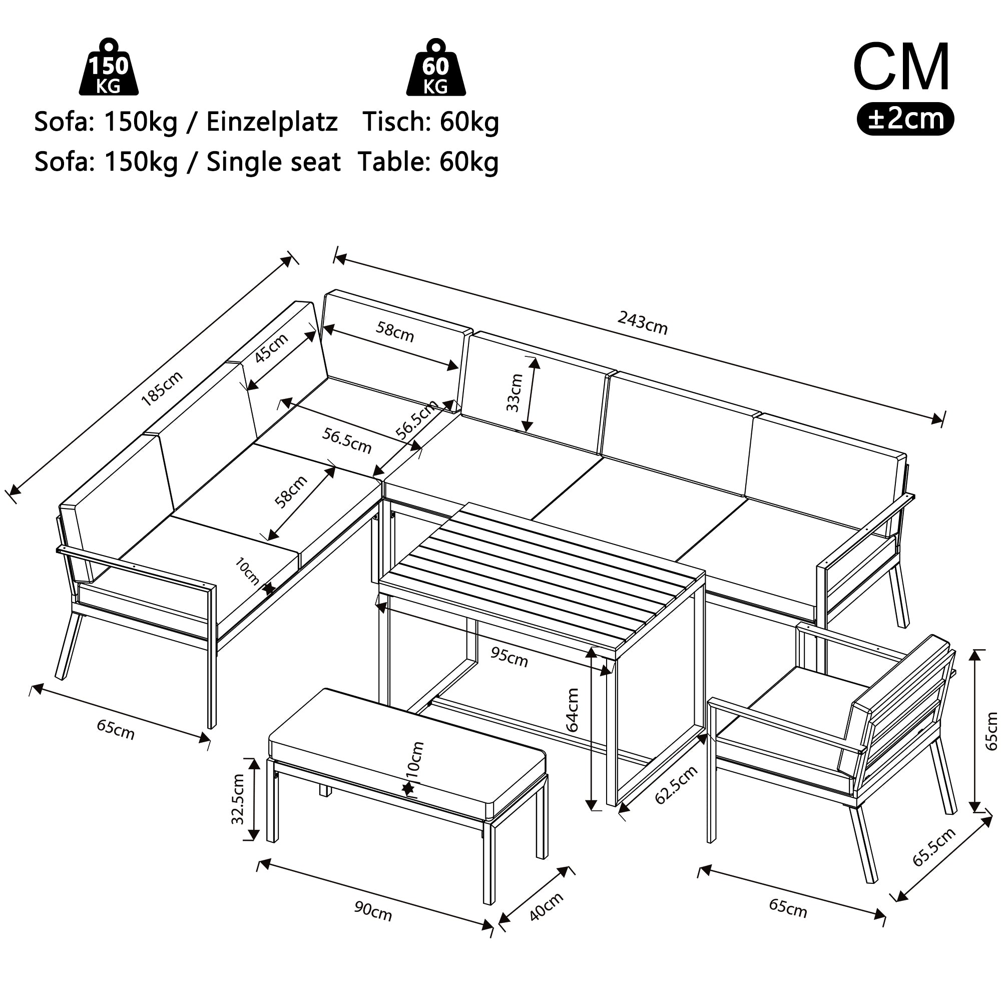 Eight-person L-shaped garden sofa set with wooden table / Weatherproof corner suite made of iron / Including armchair, bench & wooden worktop / With grey cushions