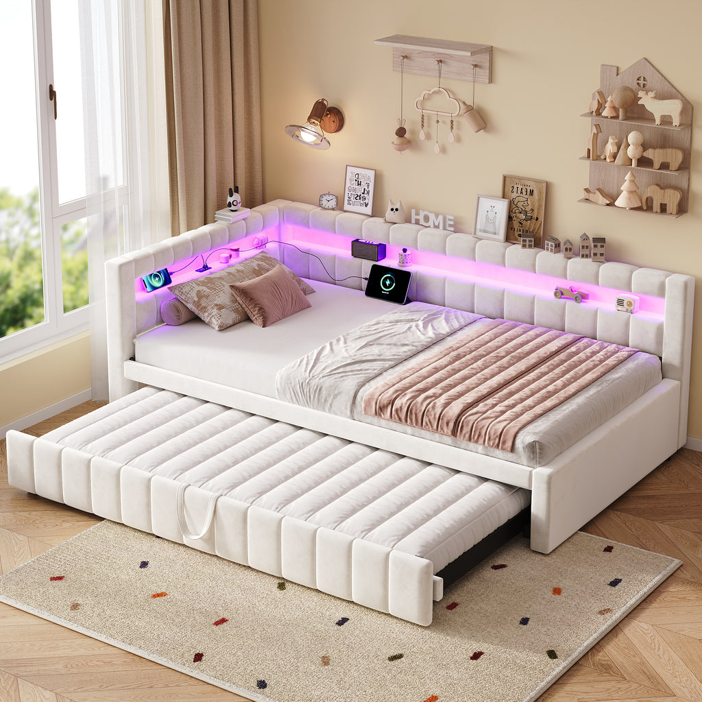 3ft Single Velvet Daybed, Sofa Bed with RGB LED Lights and Charging Station, Upholstered Sofa Bed with Trundle, Pull out Trundle Bed for Living Room, Bedroom or Study, Beige (No Mattress)
