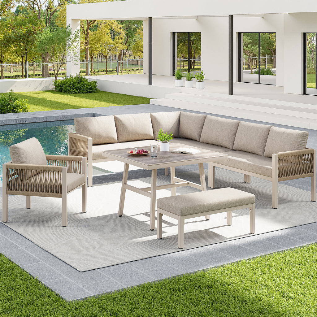 Handwoven L-shaped garden sofa set for up to 8 people, Sturdy iron frame with beige cushions, Complete with table (wood-look glass) & 1 armchair, Weatherproof patio furniture
