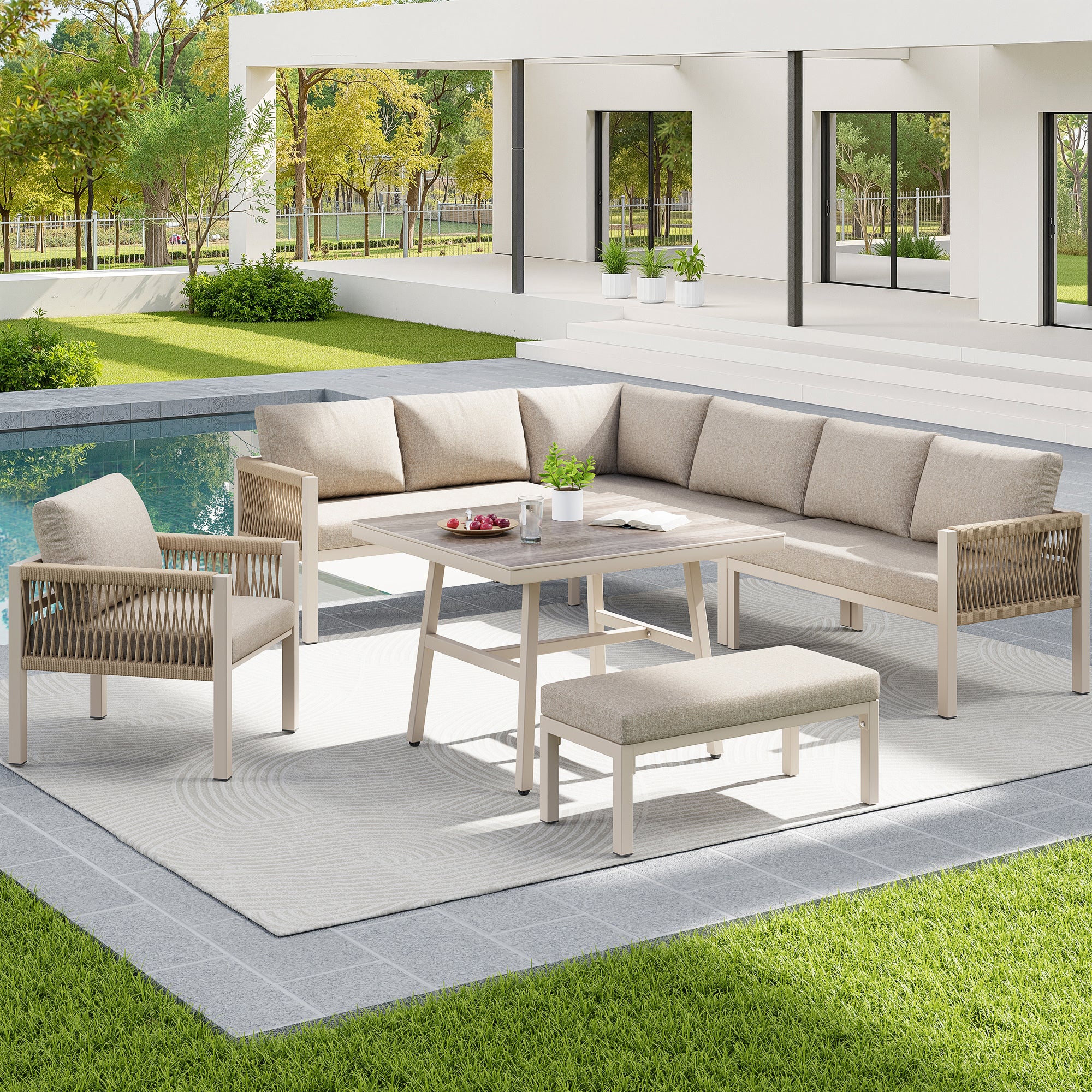 Handwoven L-shaped garden sofa set for up to 8 people, Sturdy iron frame with beige cushions, Complete with table (wood-look glass) & 1 armchair, Weatherproof patio furniture