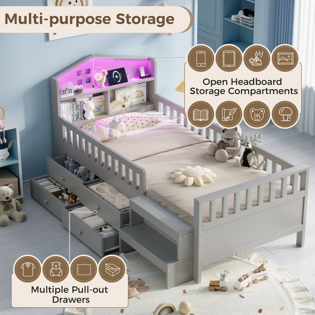 3ft Single Wooden Bed Frame, LED Lighting, Headboard Storage & Drawers, USB Charging Port, Safety Rails & Step Stool, Easy Assembly, Grey (No Mattress)