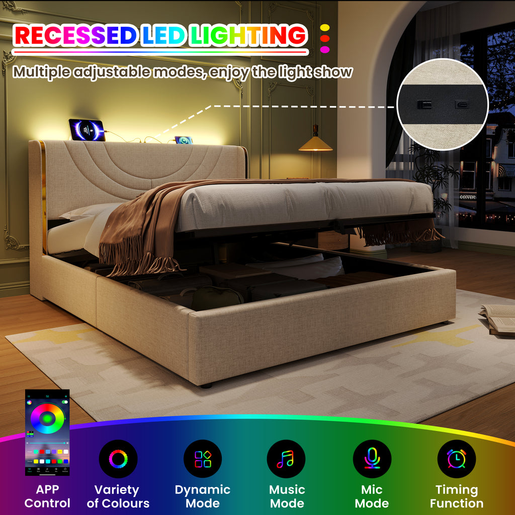 5ft King Upholstered Bed Frame with Hydraulic Storage, LED Headboard with Charging Station and Chrome Trim, USB and Type-C Ports, Linen, No Box Spring Needed, Beige (No Mattress)