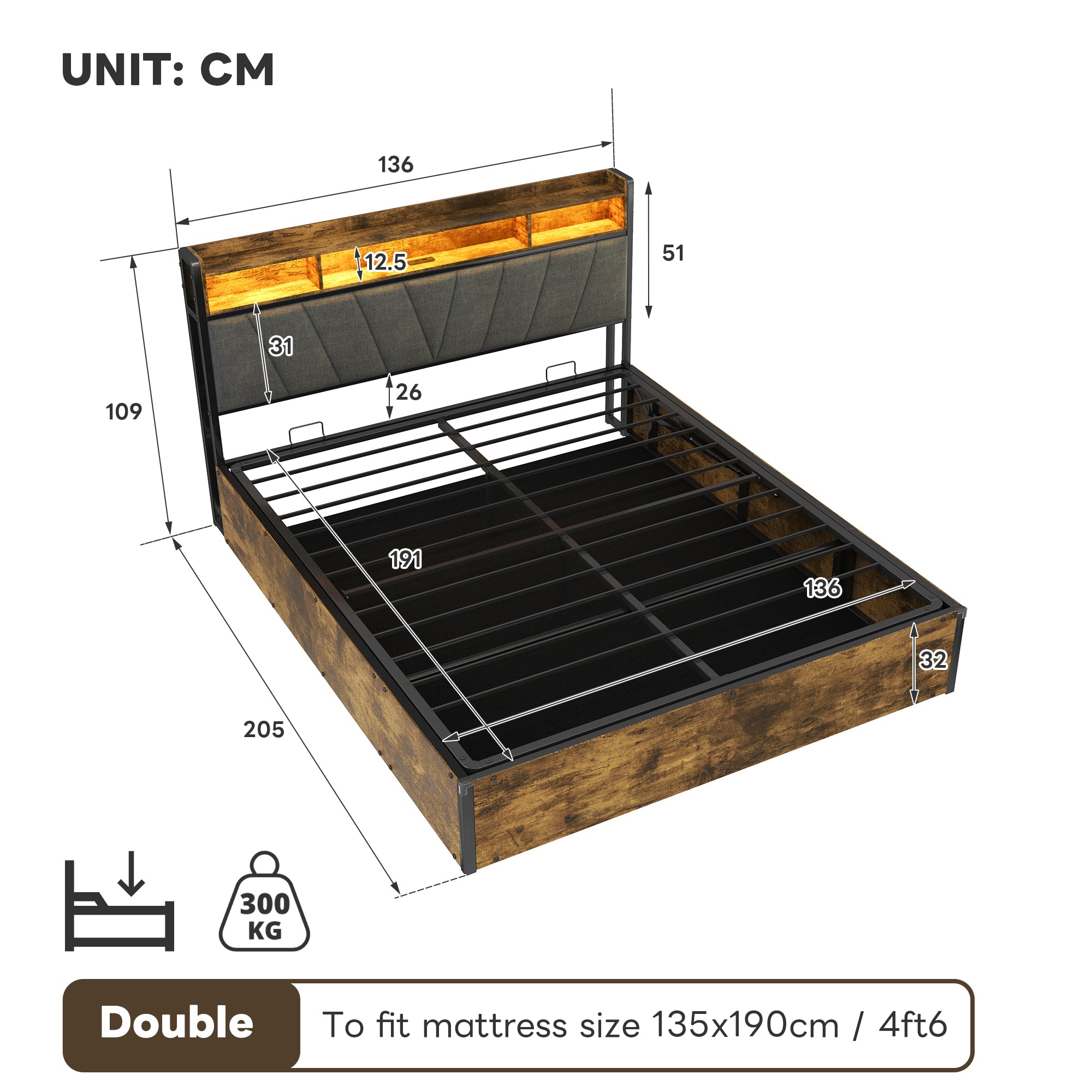 4ft6 Double Bed Frame with Hydraulic Storage, RGB LED Storage Headboard with Charging Station, USB and Type-C Ports, No Box Spring Needed, Easy Assembly, Black+Walnut (No Mattress)
