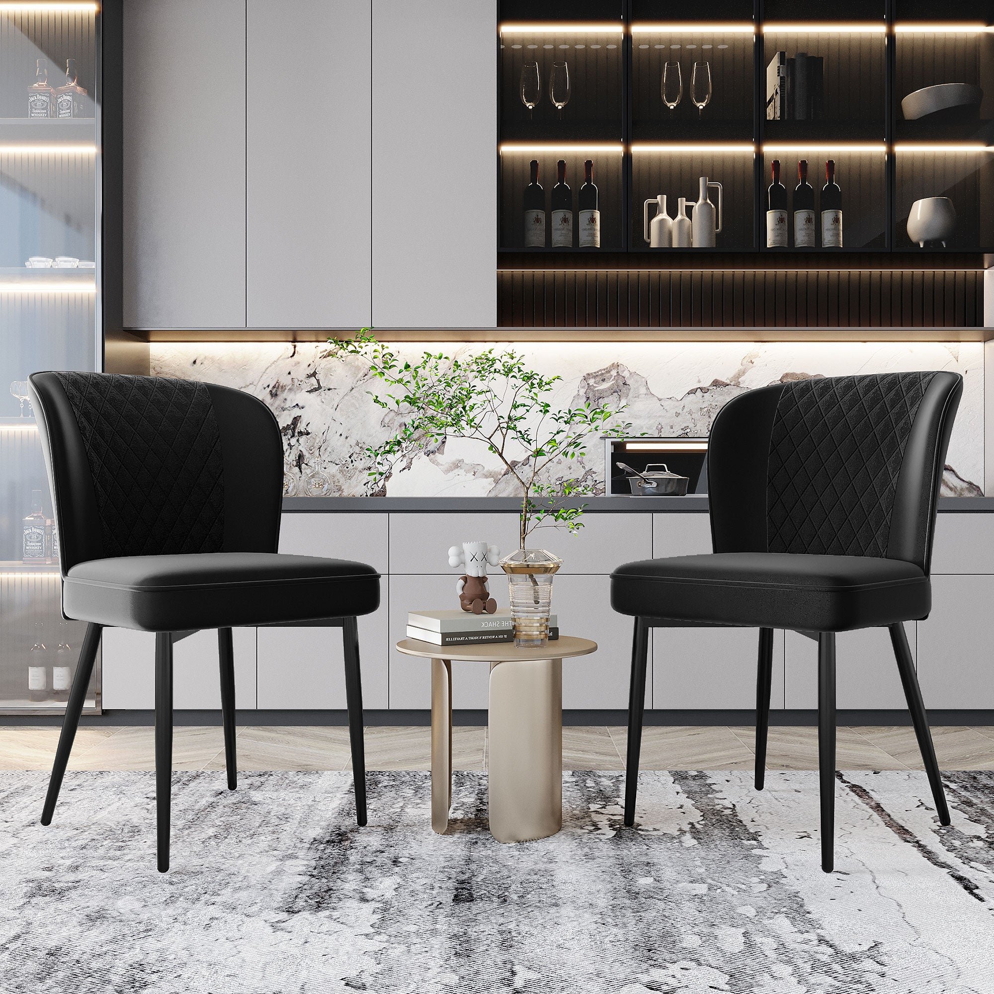Velvet  dining chair (2 pcs), black, Modern Vanity Chair Kitchen Accent Occasional Chair with Metal Legs for Dining Room Living Room,upholstered chair  with backrest,seat in velvet metal frame
